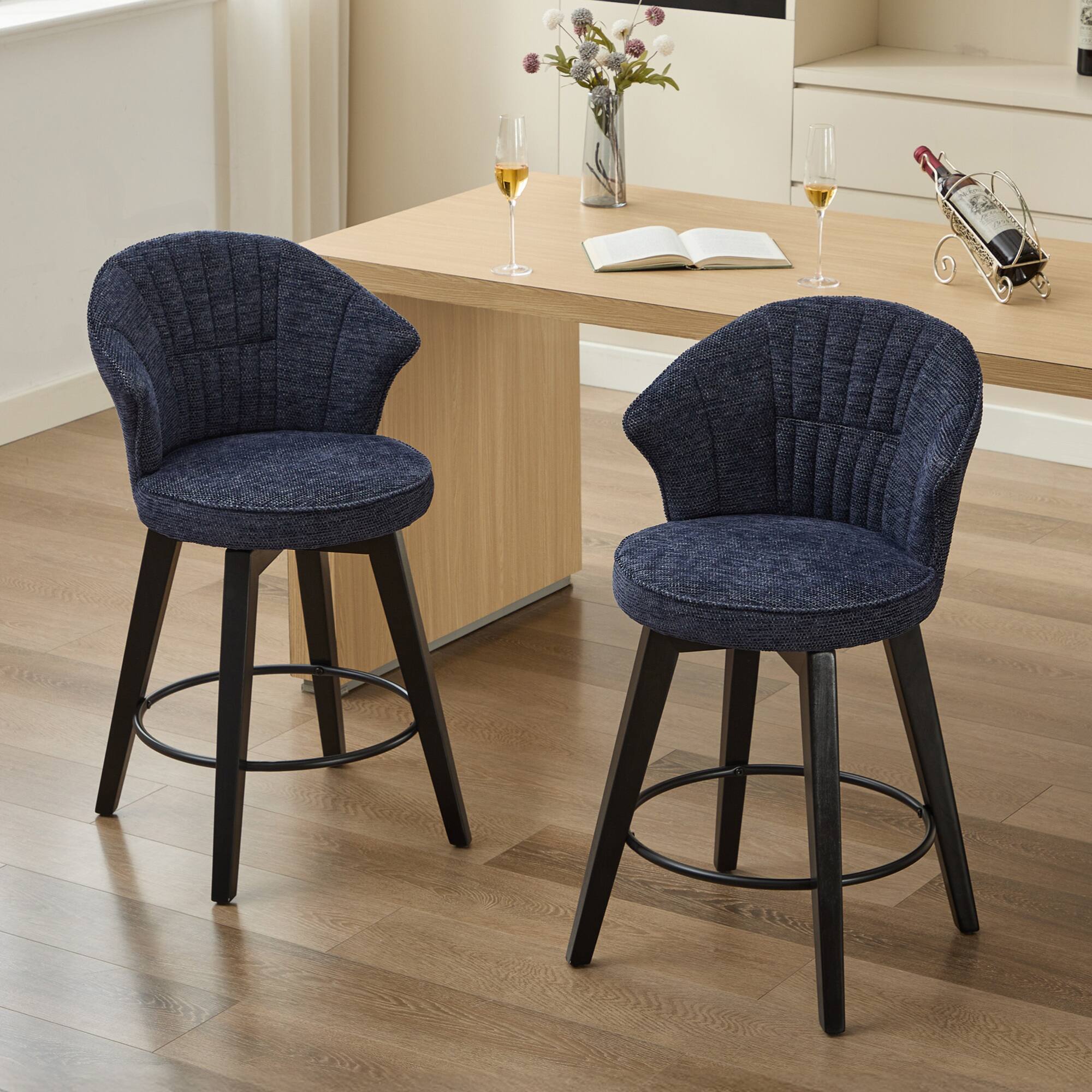 GOODSILO - Set of 2 Wing Back Swivel Bar Stools - Adjustable Counter Height Stools with Solid Wood Legs & Plush Upholstery - Blue