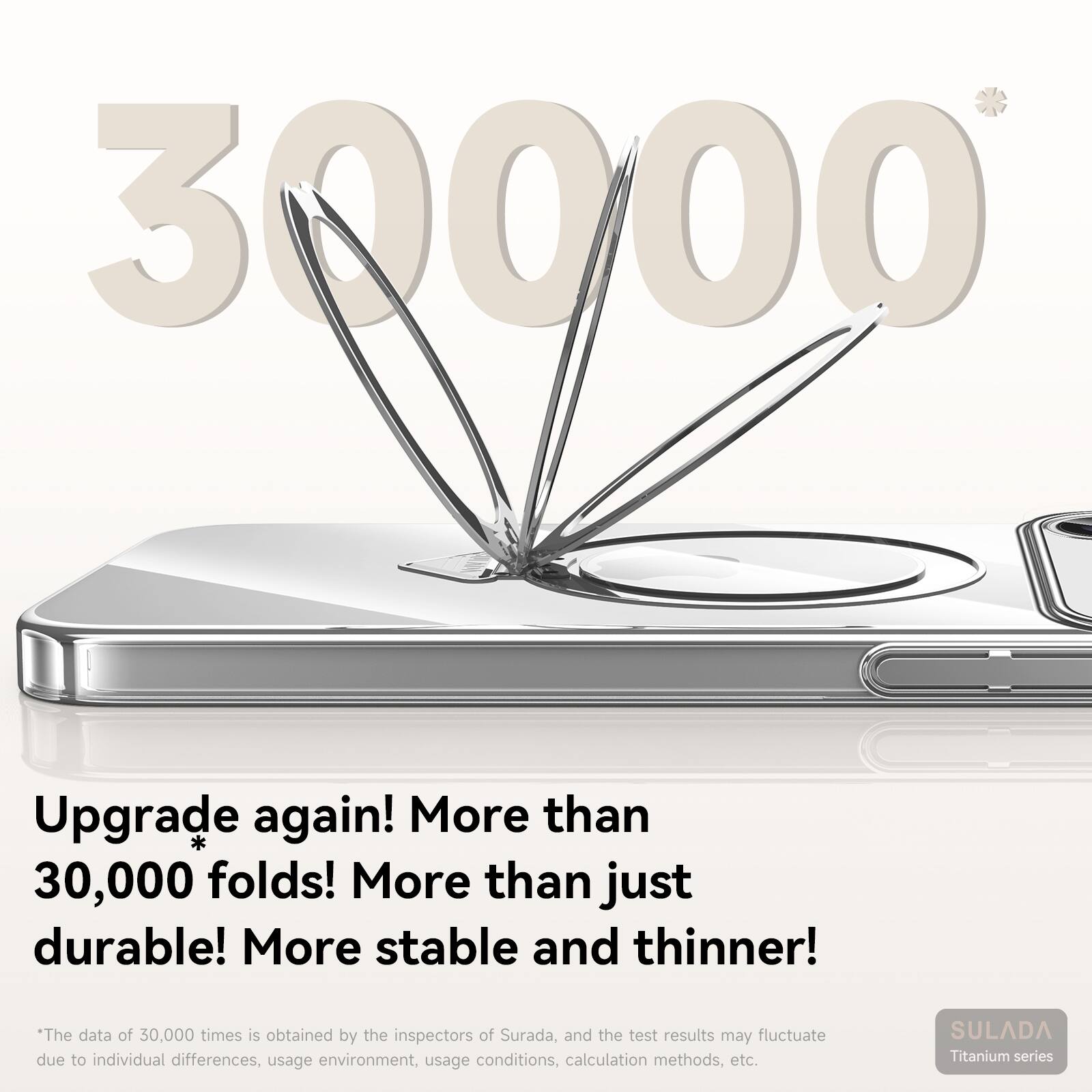 30000

Upgrade again! More than 30,000 folds! More than just durable! More stable and thinner!

*The data of 30,000 times is obtained by the inspectors of Surada, and the test results may fluctuate due to individual differences, usage environment, usage conditions, calculation methods, etc.

SULADA Titanium series