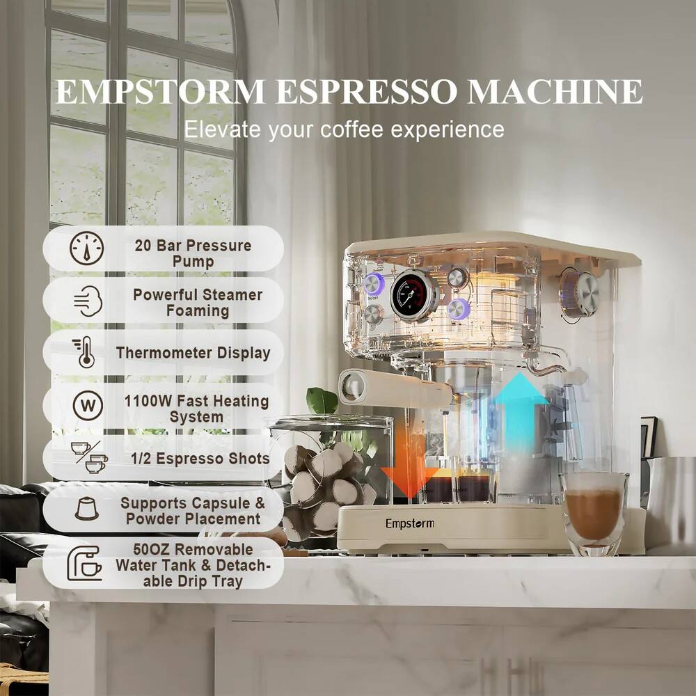 EMPSTORM ESPRESSO MACHINE  
Elevate your coffee experience  

- 20 Bar Pressure Pump  
- Powerful Steamer Foaming  
- Thermometer Display  
- 1100W Fast Heating System  
- 1/2 Espresso Shots  
- Supports Capsule & Powder Placement  
- 50OZ Removable Water Tank & Detachable Drip Tray