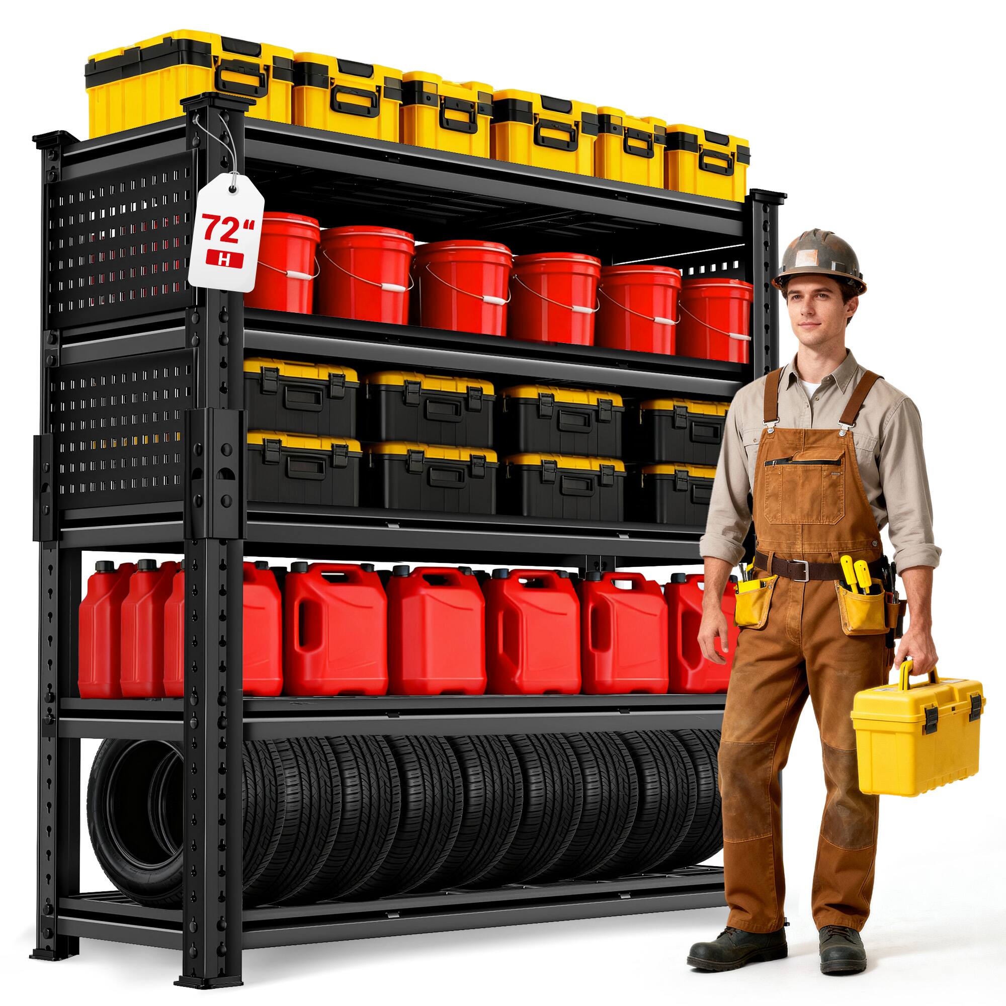 Angle. Silvel - SILVEL 72" H Heavy Duty Grid Storage Shelves, 4000LBS 5 Tier Adjustable Metal Shelving, 48" W x 72" H x 24" D - Black.