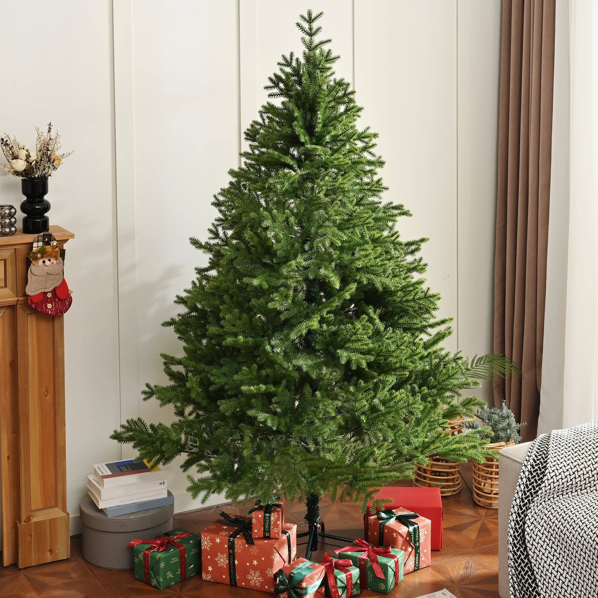 Angle. BreeBe - Premium 7FT Spruce Full PE Christmas Tree Unlit with Hinged Branches and Foldable Metal Stand - Green.