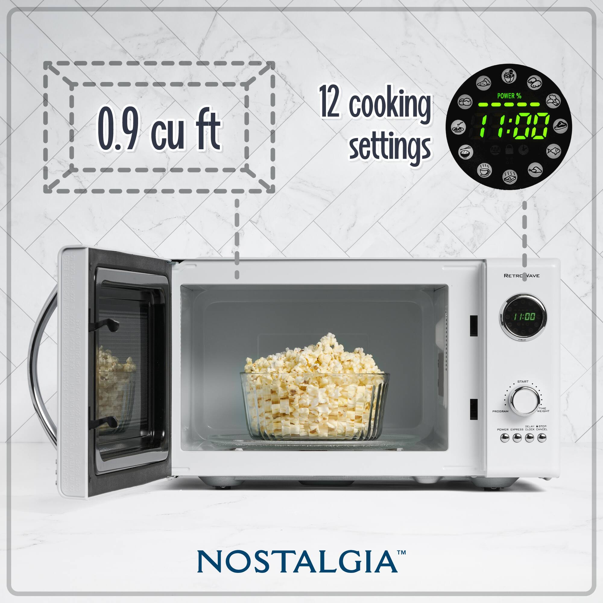 0.9 cu ft  
12 cooking settings  
POWER % 1:00  
RETRC AVE : 1:00  
NOSTALGIA™