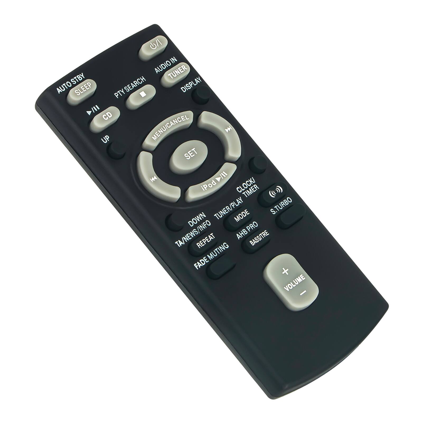 - AUTO STBY
- SLEEP
- PTY SEARCH
- CD
- UP
- MENU/CANCEL
- SET
- iPod
- CLOCK/TIMER
- TUNER/PLAY
- TA/NEWS/INFO
- REPEAT
- FADE MUTING
- DOWN
- MODE
- AHB PRO
- BASS/TRE
- VOLUME
- AUDIO IN
- TUNER
- DISPLAY
- STBY
- SEARCH
- AUTO
- SLEEP
- PTY
- TURBO
- PRO
- TA/NEWS/INFO
- REPEAT
- AHB
- BASS/TRE
- MUTING
- FADE
- VOLUME