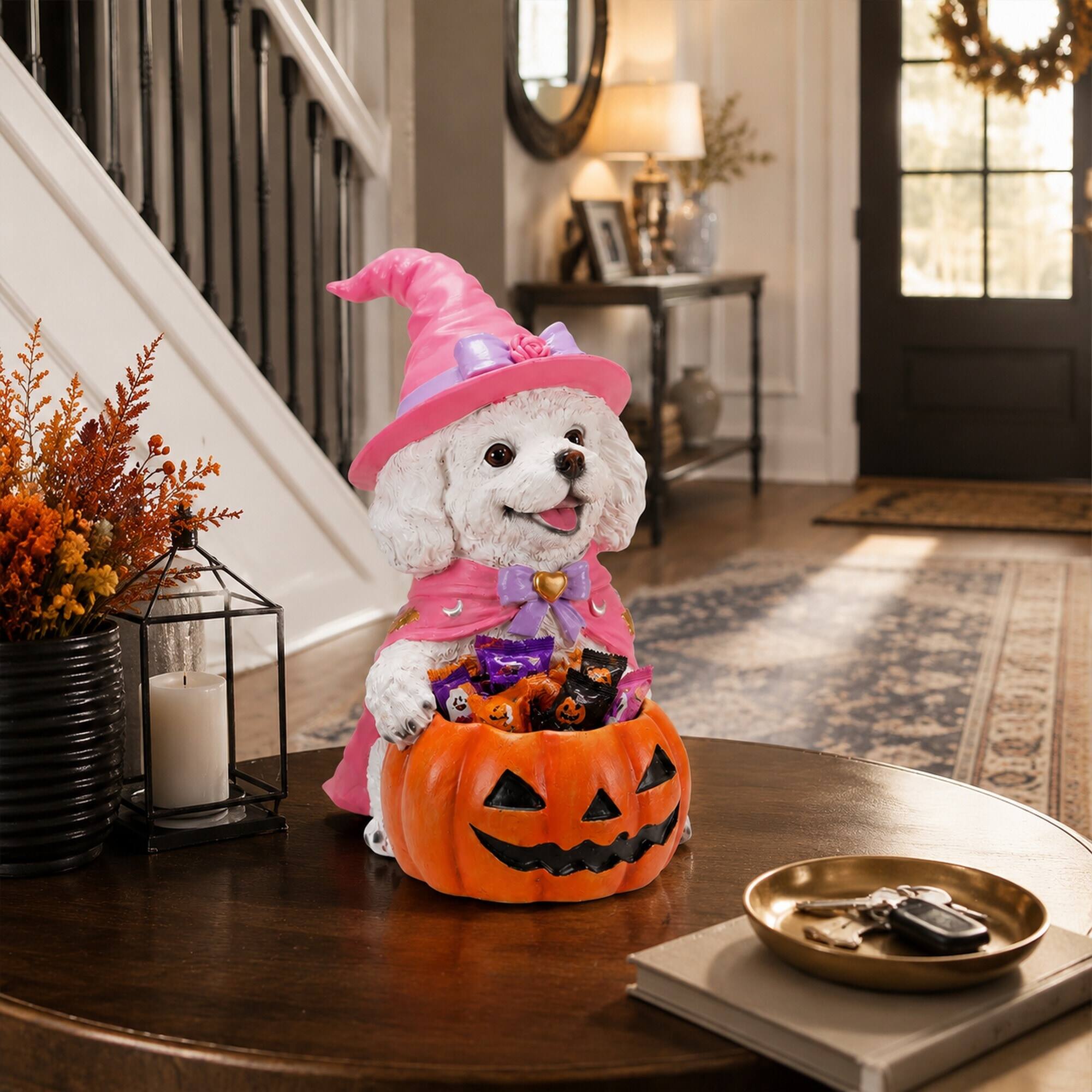 Alt View 1. RYHNUYNE - Halloween White Puppy Figurine with Witch Hat and Pumpkin Candy Bowl for Tabletop Fall Decor - White.