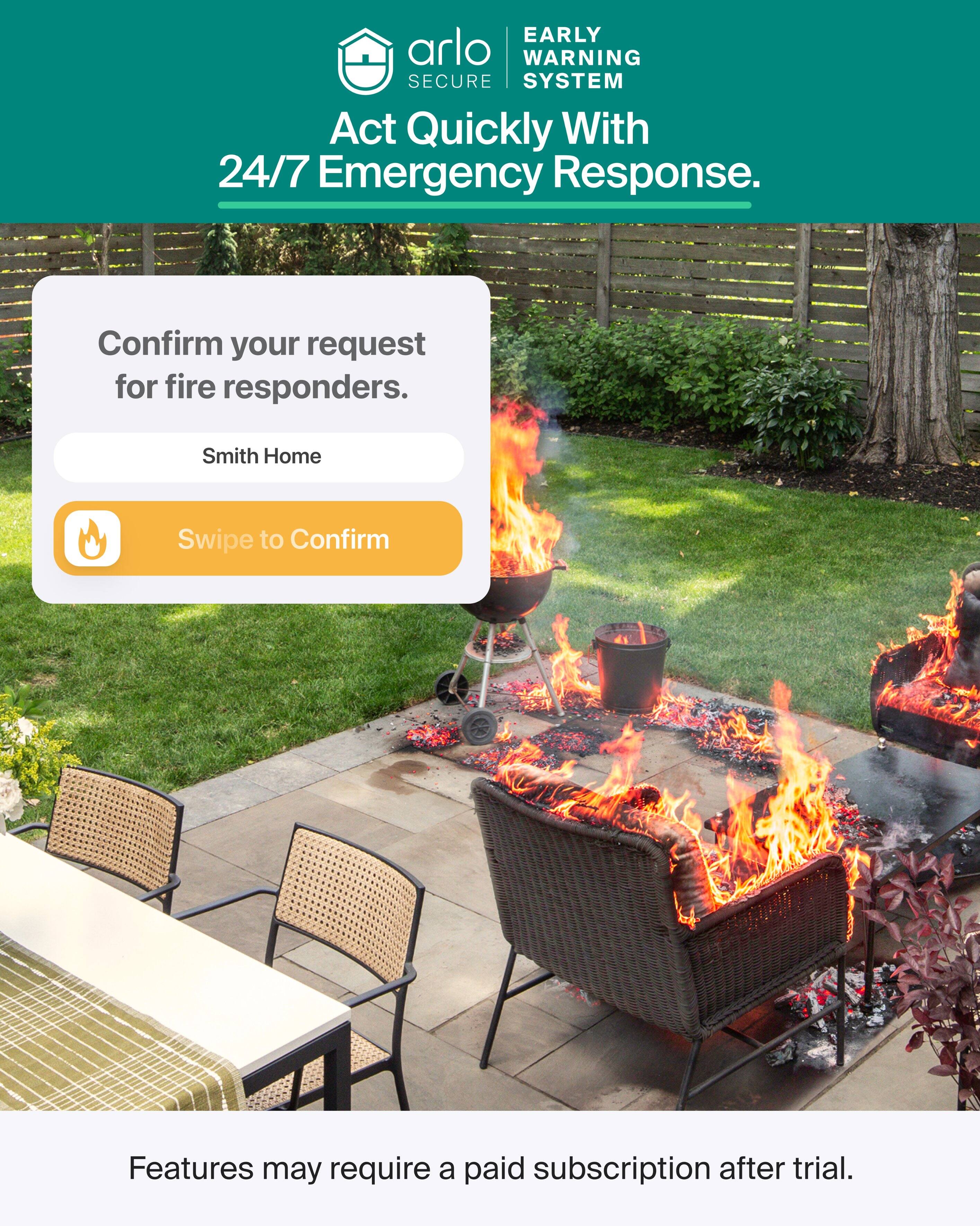 EARLY WARNING SECURE SYSTEM  
Act Quickly With 24/7 Emergency Response.  
Confirm your request for fire responders.  
Smith Home  
Swipe to Confirm  
Features may require a paid subscription after trial.