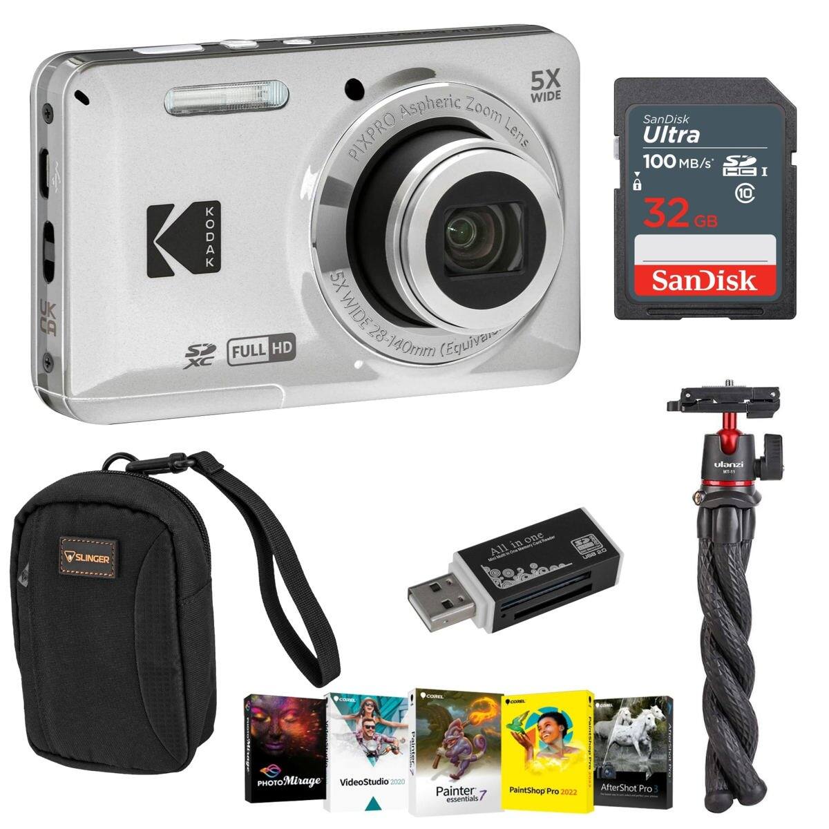 Bundle - Kodak - PIXPRO FZ55 Friendly Zoom Digital Camera, Silver, With SD Card, Camera Bag, Tripod, Photo Editing Software, SD