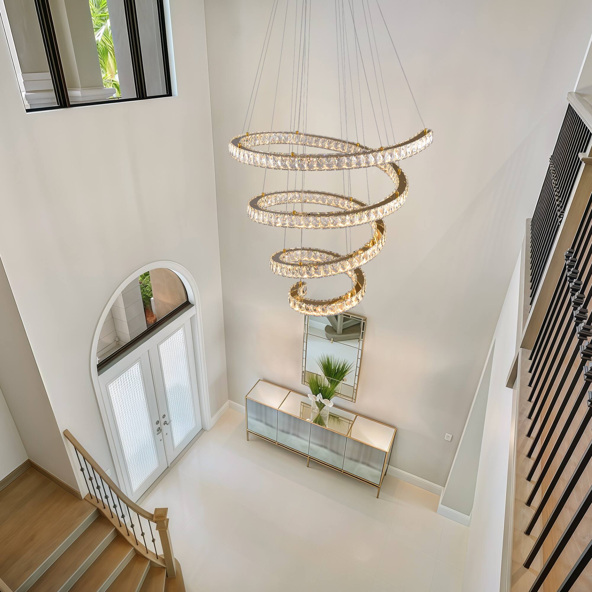 Back. RYHNUYNE - Gold Spiral Crystal LED Chandelier, 31.5" Smart Dimmable Adjustable Ceiling Light Fixture for Dining Room High Ceilings.