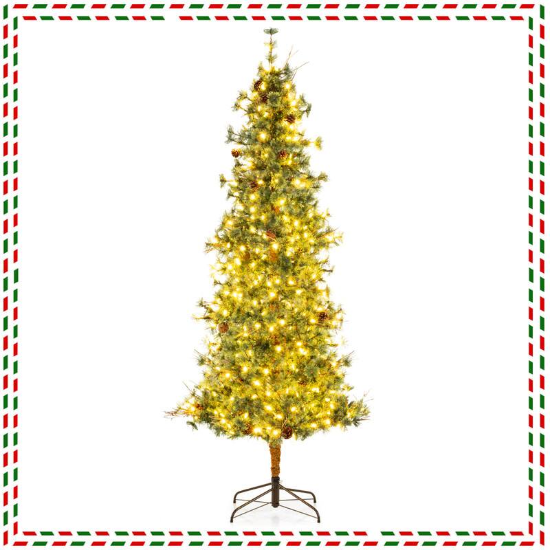 Alt View 3. WELLFOR - 8ft Prelit Artificial Hinged Christmas Tree with Warm‑White Lights,702 Full Branch Tips &36 Natural Pine Cones - Green.