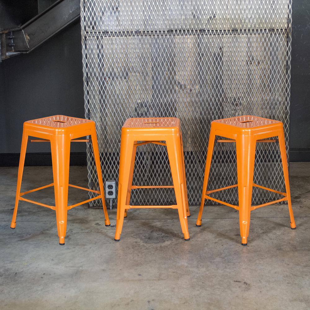 Angle. AmeriHome - Loft 24 Inch Metal Bar Stool - 3 Piece - Orange.