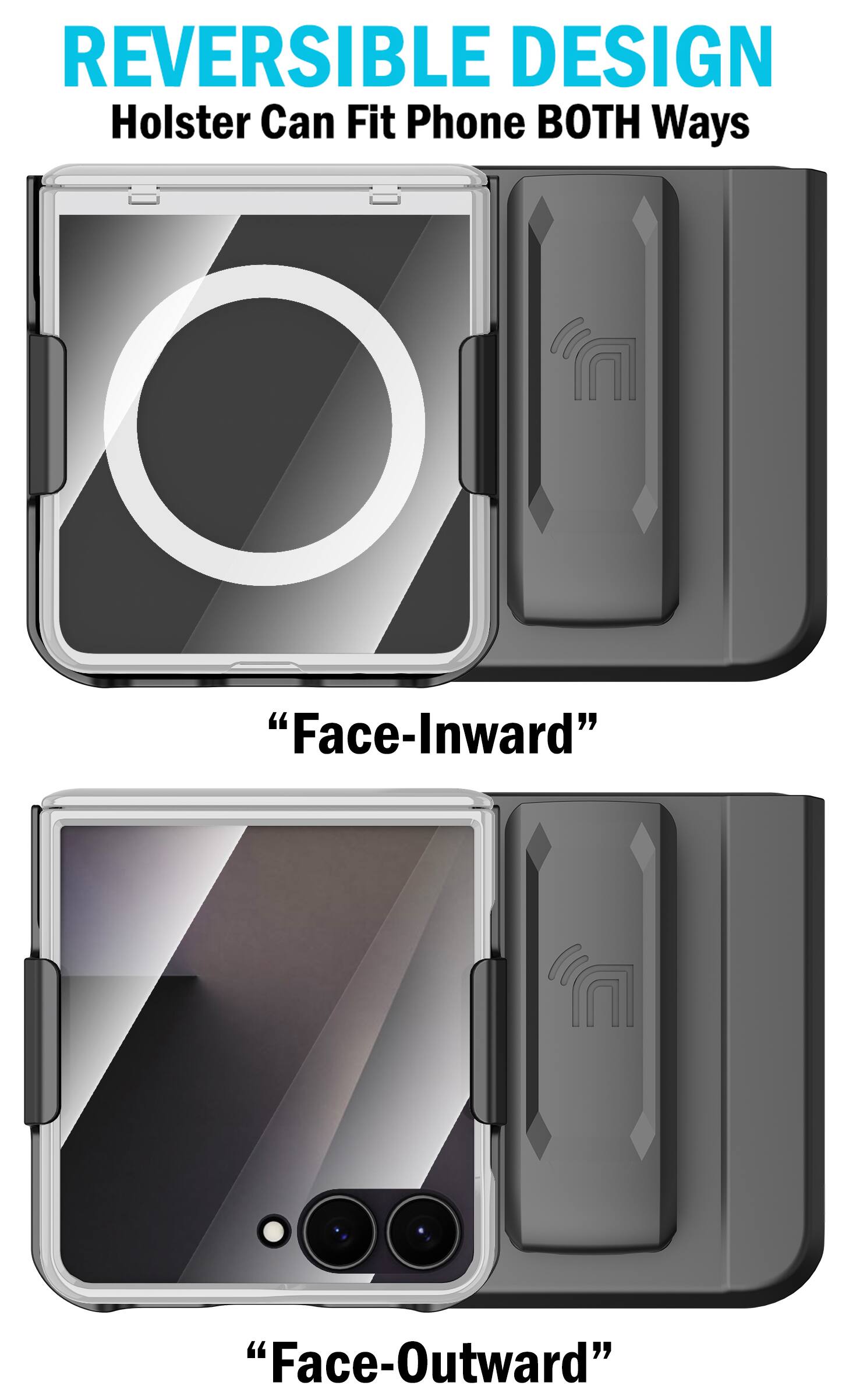 REVERSIBLE DESIGN  
Holster Can Fit Phone BOTH Ways  
"Face-Inward"  
"Face-Outward"