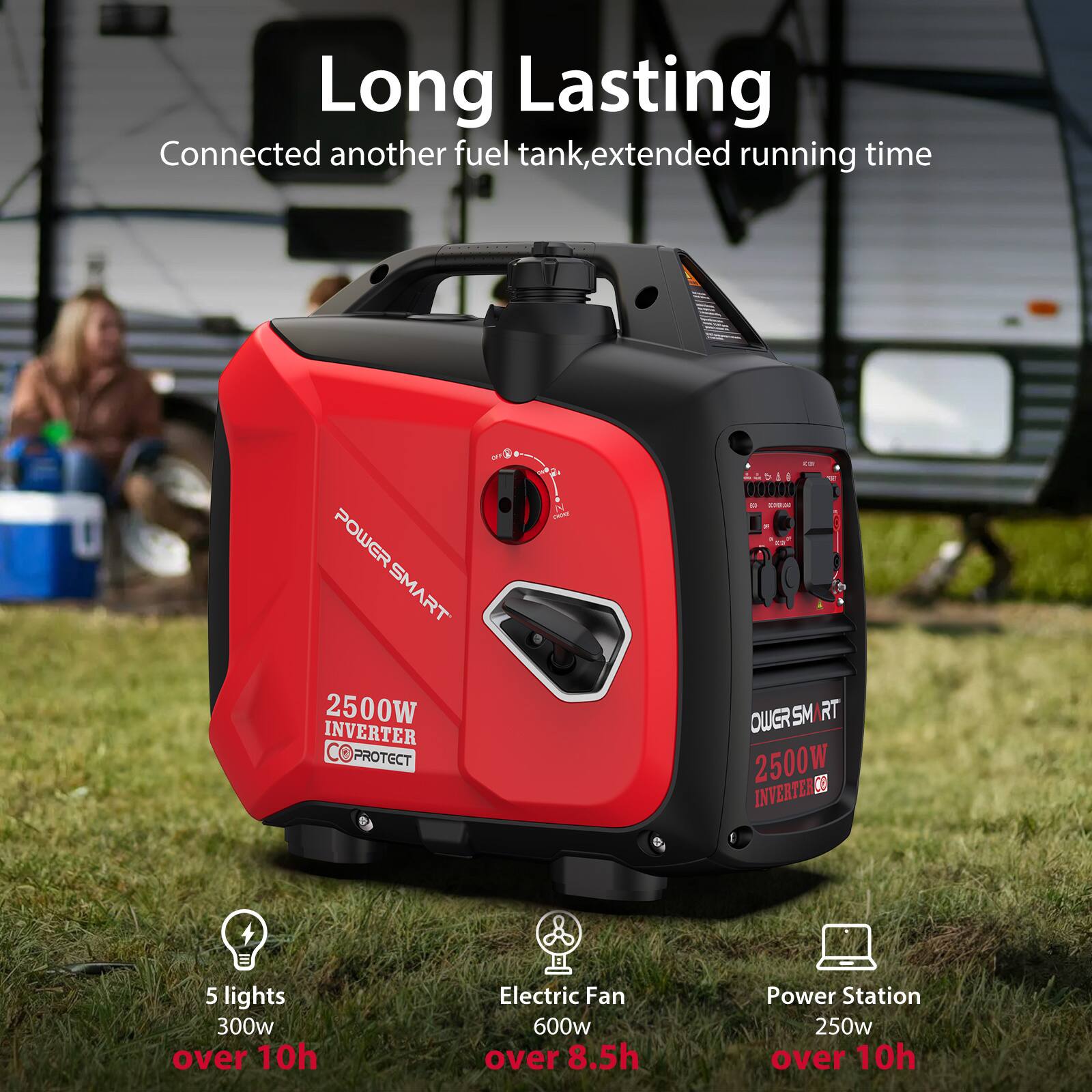 Long Lasting  
Connected another fuel tank, extended running time

POWERSMART POWER SMART 2500W INVERTER PROTECT

12 OUGRSM RT 2500W INVERTER

5 lights 300w over 10h  
Electric Fan 600w over 8.5h  
Power Station 250w over 10h