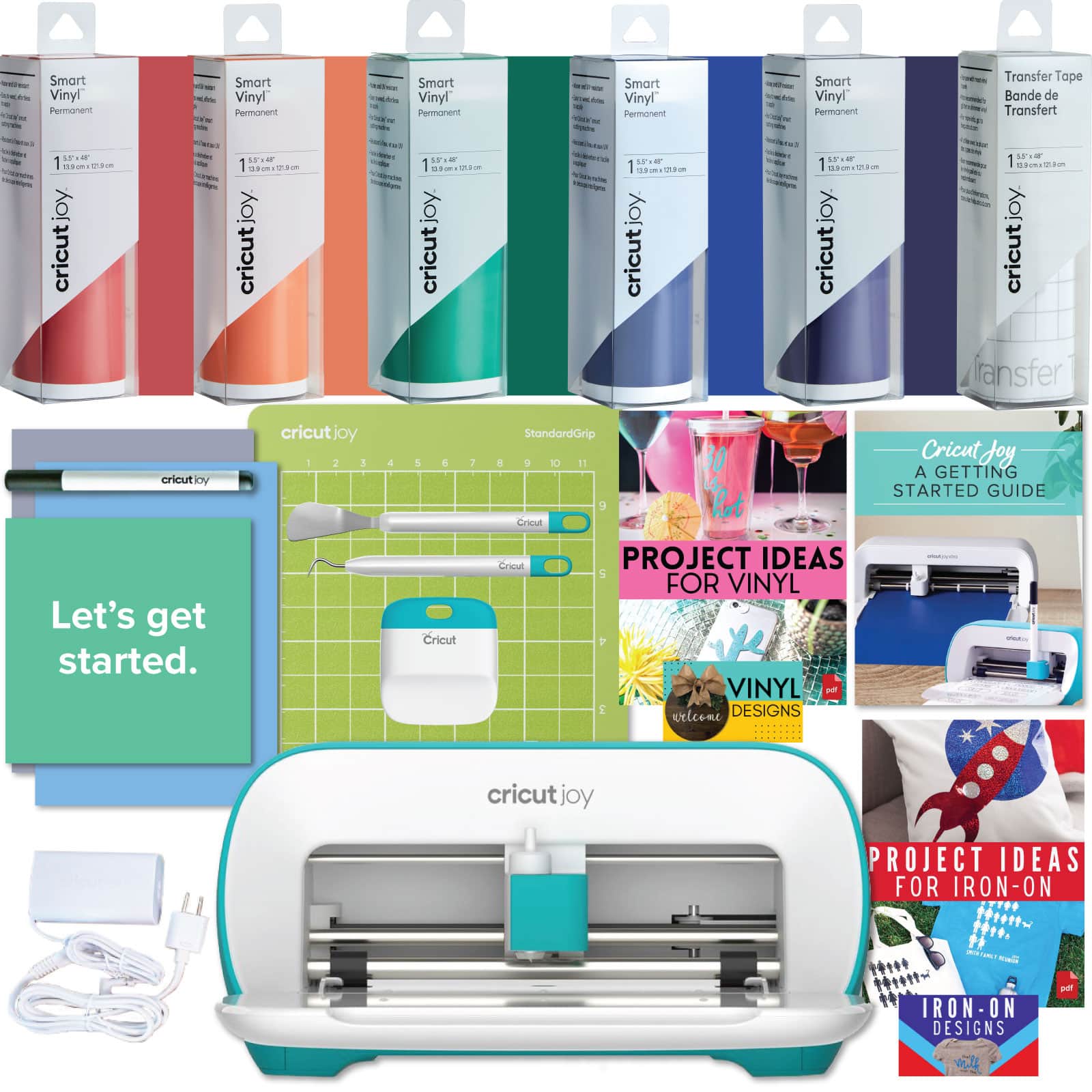 Cricut - Joy Cutting Machine Rainbow Vinyl, Joy Starter Tool Set, and Transfer Tape Bundle