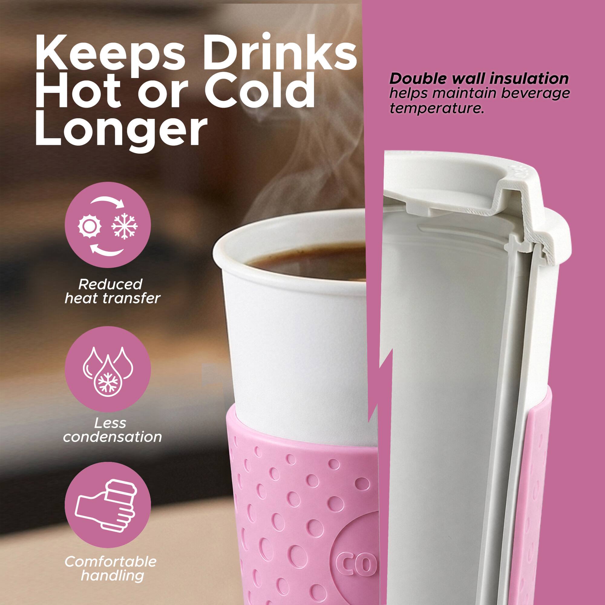 Keeps Drinks Hot or Cold Longer

Double wall insulation helps maintain beverage temperature.

- Reduced heat transfer
- Less condensation
- Comfortable handling