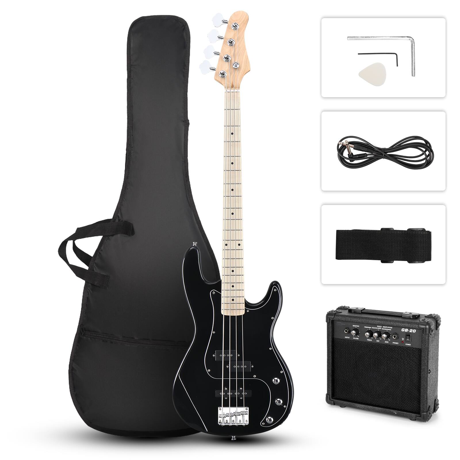 Front. Winado - 4 String Electric Bass Guitar, Full Size Standard Right Handed Rosewood Fingerboard Beginner Kit with Cable Wrench Tool.