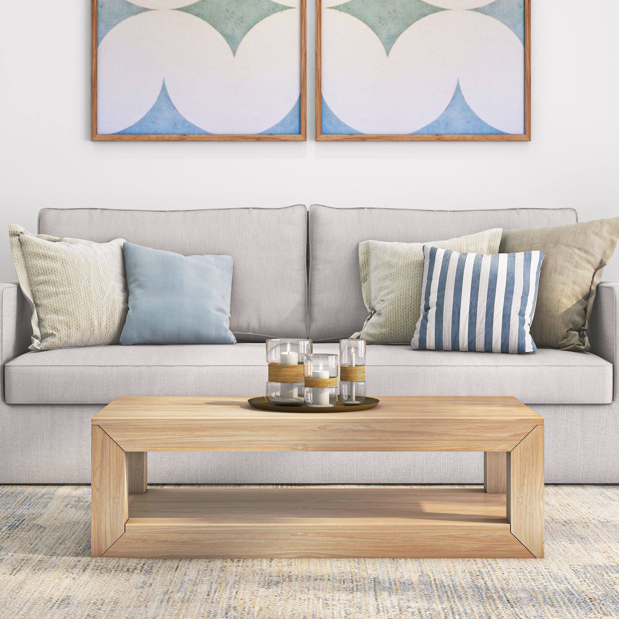 Alt View 1. Plank+Beam - Modern Rectangular Coffee Table with Bottom Shelf (48in x 24in / 1220mm x 610mm), Blonde Wirebrush - Blonde Wirebrush.