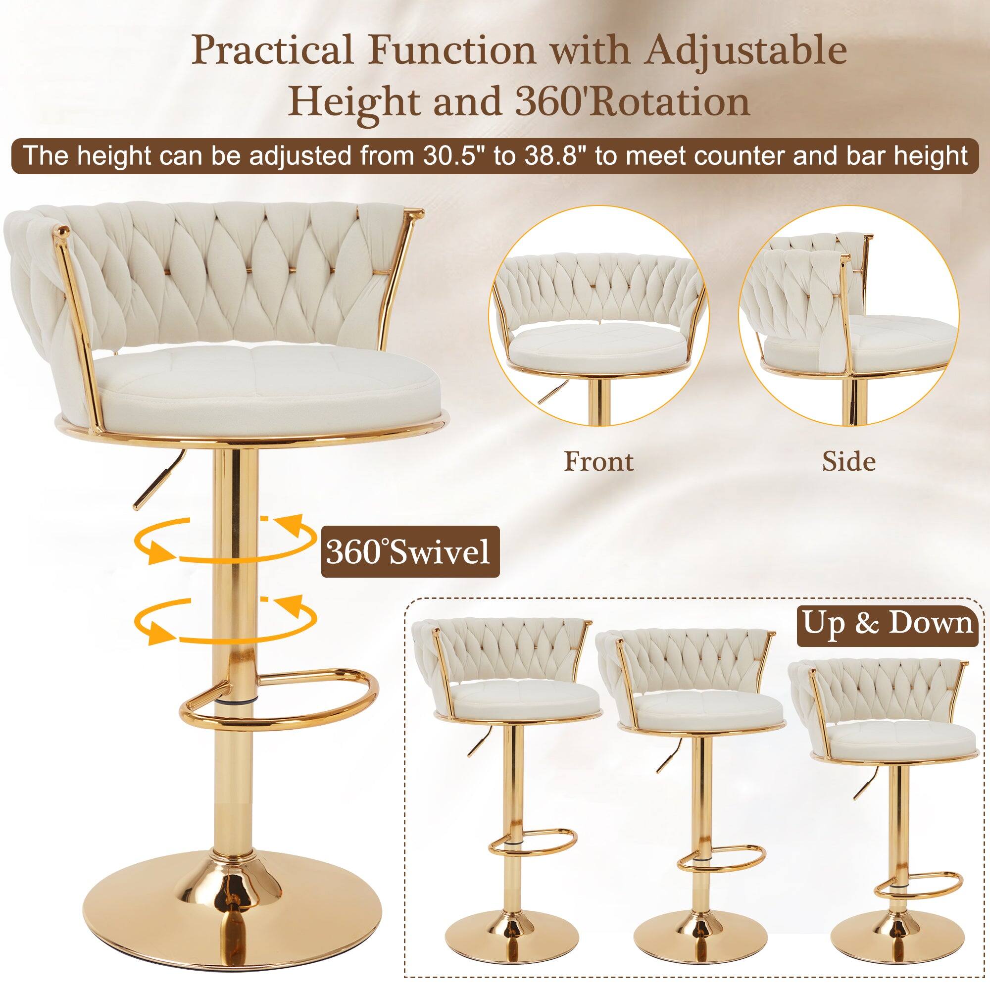 Practical Function with Adjustable Height and 360° Rotation

The height can be adjusted from 30.5" to 38.8" to meet counter and bar height

Front Side 360° Swivel Up & Down

360° Swivel
