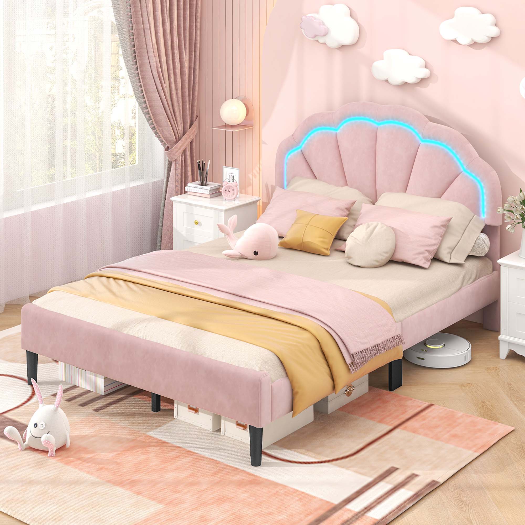 Angle. Costway - Full Size Upholstered LED Bed Frame Soft Velvet Platform Bed with Flower Headboard - Pink.
