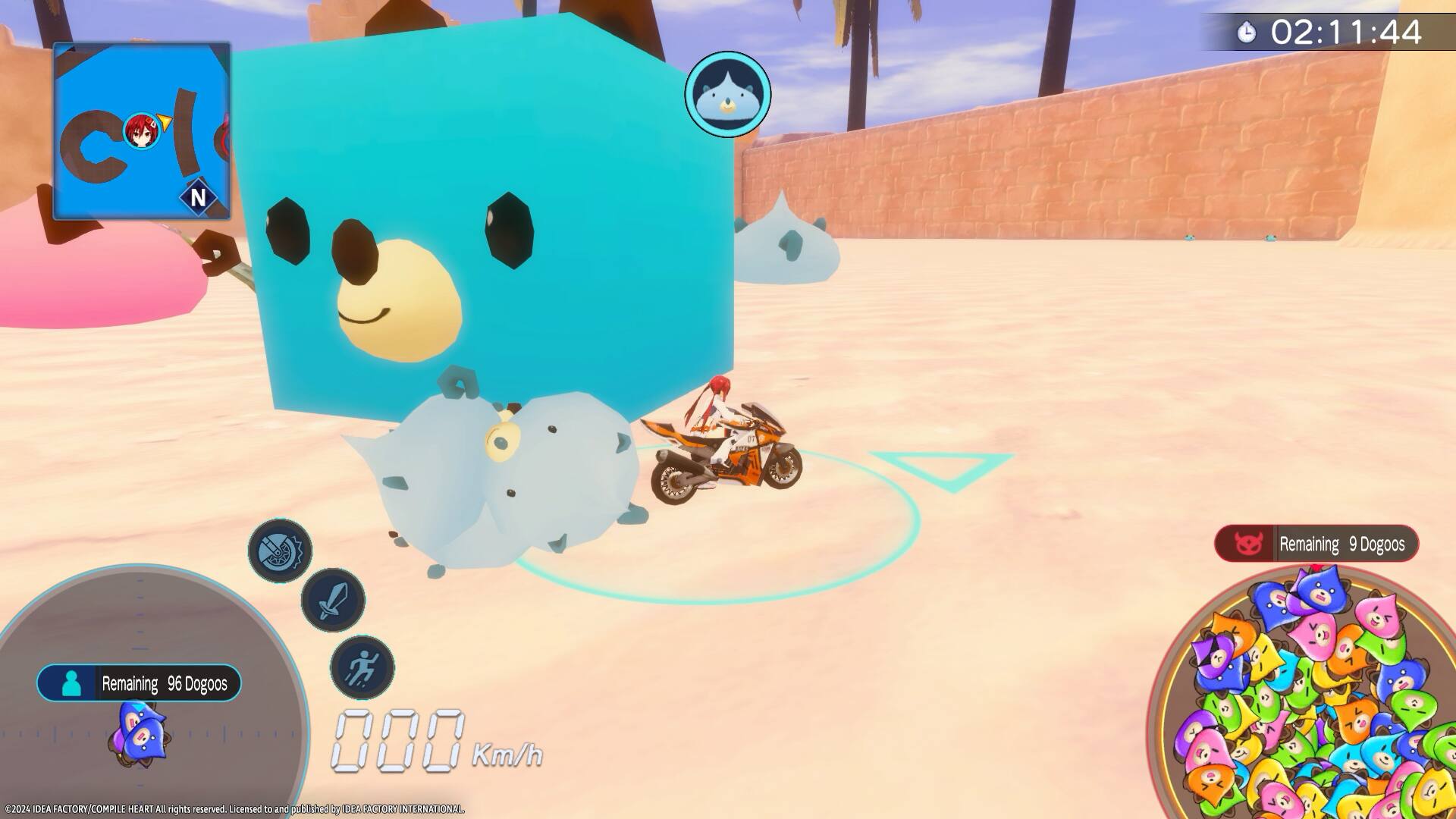 The image features a game with a blue teddy bear character and a dog character. The game is set in a desert environment with a wall in the background. The teddy bear character is standing next to the dog character, and there are several other characters in the scene, including a small teddy bear and a dog. The game is likely a part of a larger game series, as indicated by the presence of a logo in the lower right corner.