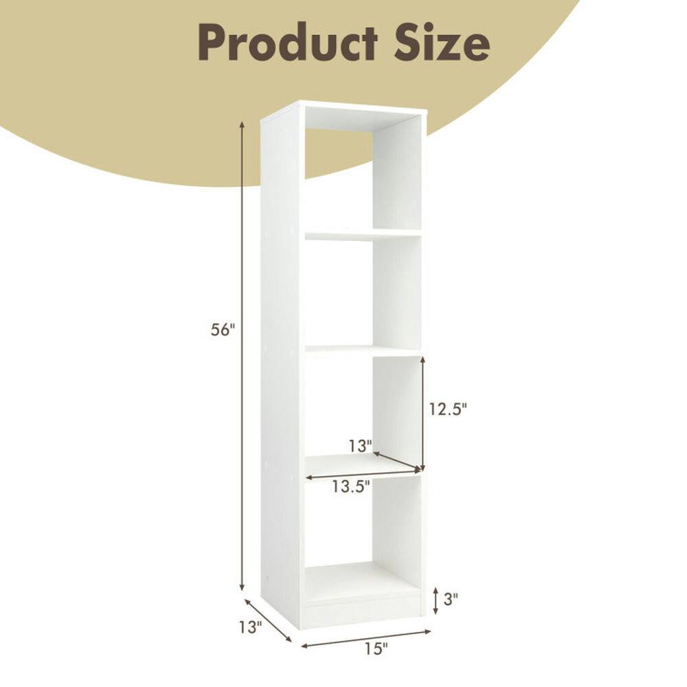 Product Size: 56" H x 15" W x 13" D  
Shelf Sizes:  
- Top Shelf: 12.5" W x 13" D  
- Middle Shelf: 13.5" W x 13" D  
- Bottom Shelf: 13" W x 13" D  
- Shelf Depth: 3"