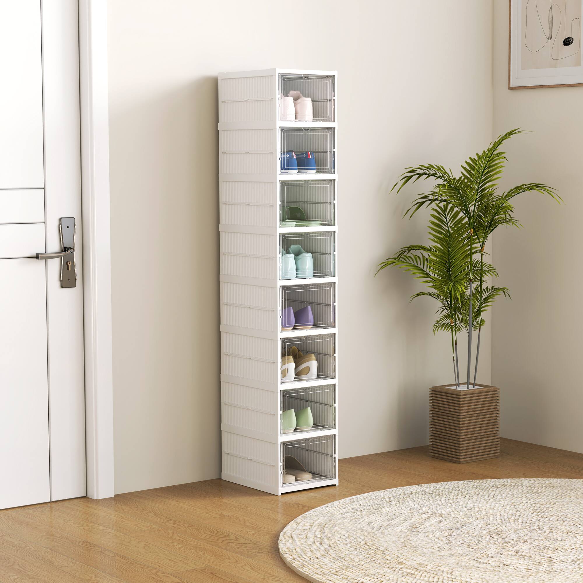 Alt View 2. Homcom - 8 Pack Foldable Shoe Organizer, Plastic No Assembly Stackable Shoe Storage Box with Clear Door, Space Saving - White.