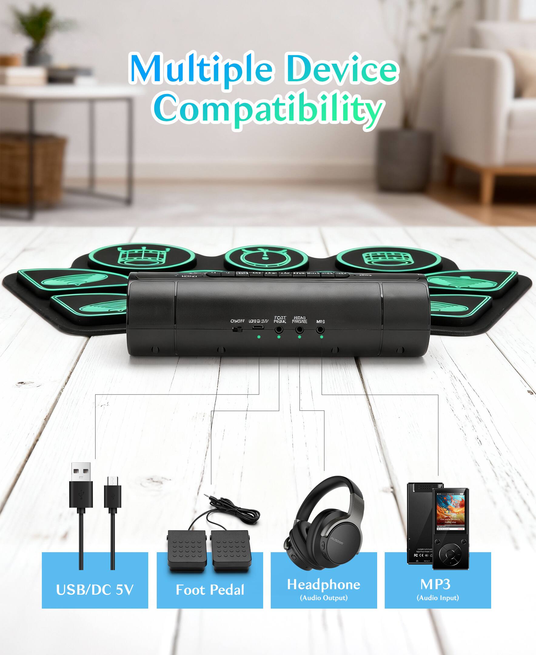 Alt View 2. Sugift - Kids Roll-Up Electronic Drum Set with Speakers, Headphone Jack & Foot Pedals - Green - Green.