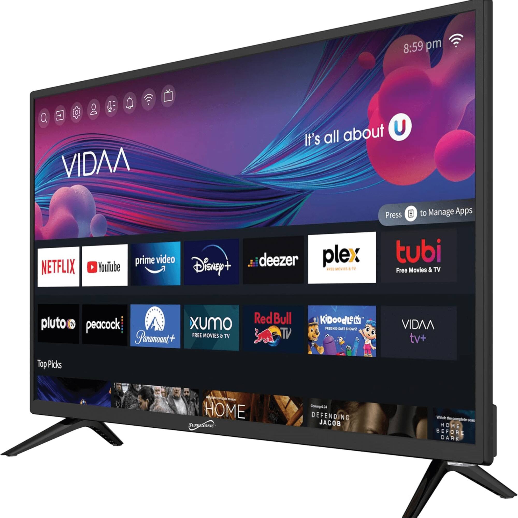 8:59 pm

VIDAA

It's all about U

Press ⬇️ to Manage Apps

NETFLIX YouTube prime video Disney+ deezer plex tubi Free Movies & TV pluto t peacock Xumo Paramount+ FREE MOVIES & TV Red Bull TV KiDoodle - SAFE - VIDAA tv+ Top Picks

Coming 34 DEFENDING JACOB Wolka the cmgtate - HOME H x A BEFORE DARK 4