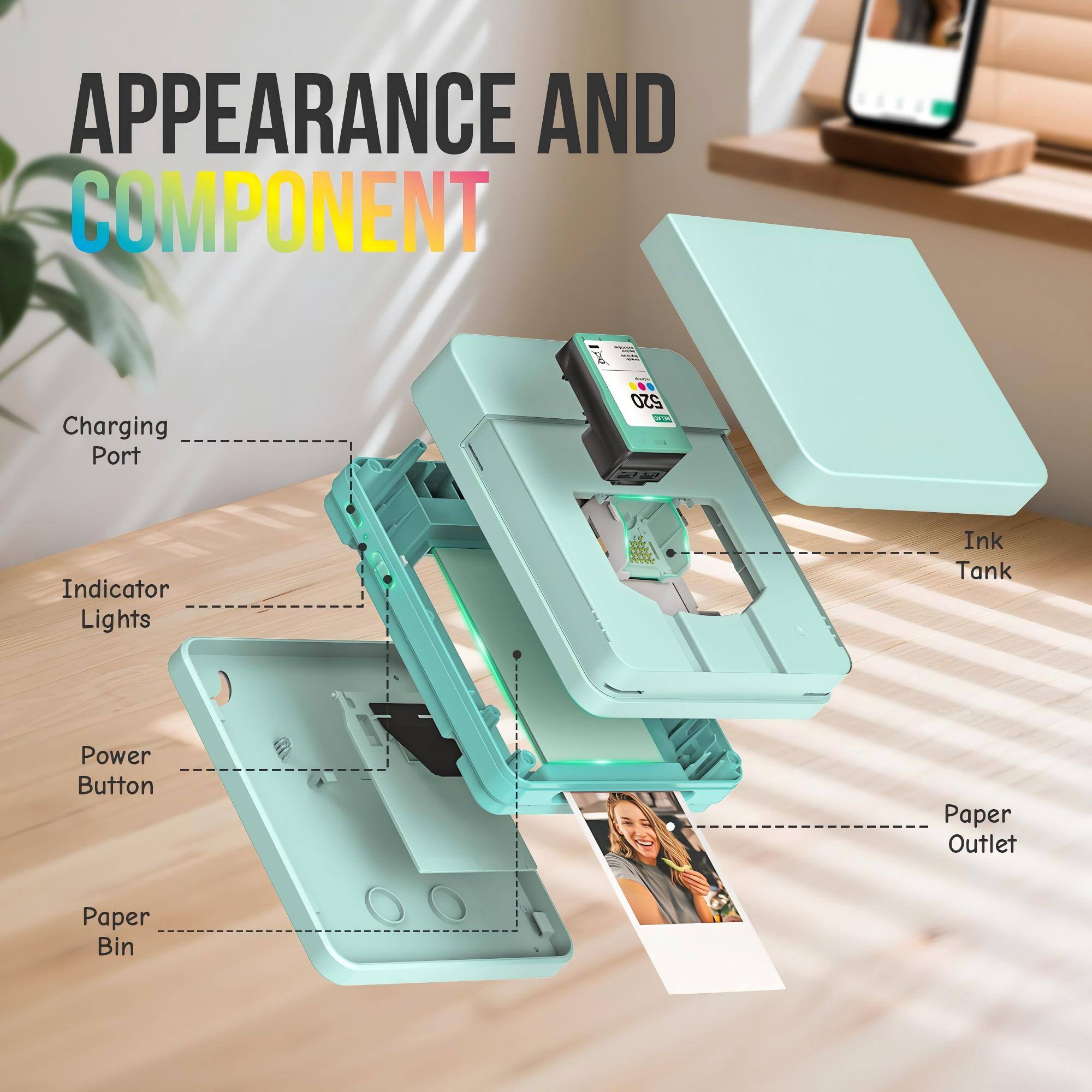 APPEARANCE AND COMPONENT

- Charging Port
- Indicator Lights
- Ink Tank
- Power Button
- Paper Outlet
- Paper Bin