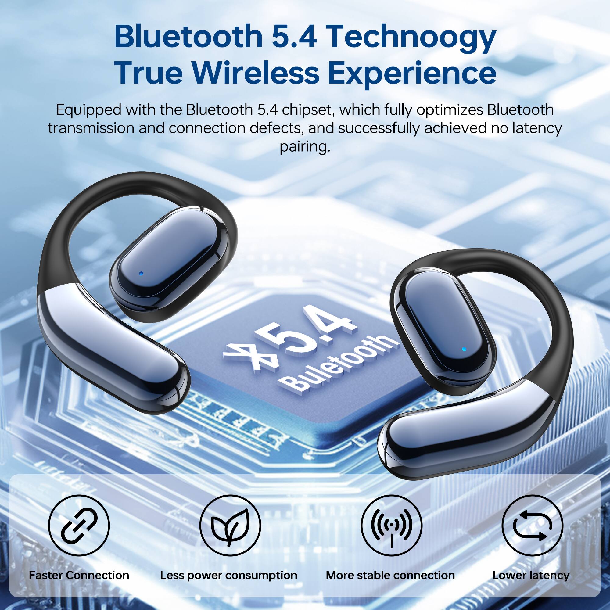 Bluetooth 5.4 Technology True Wireless Experience

Equipped with the Bluetooth 5.4 chipset, which fully optimizes Bluetooth transmission and connection defects, and successfully achieved no latency pairing.

- Faster Connection
- Less power consumption
- More stable connection
- Lower latency