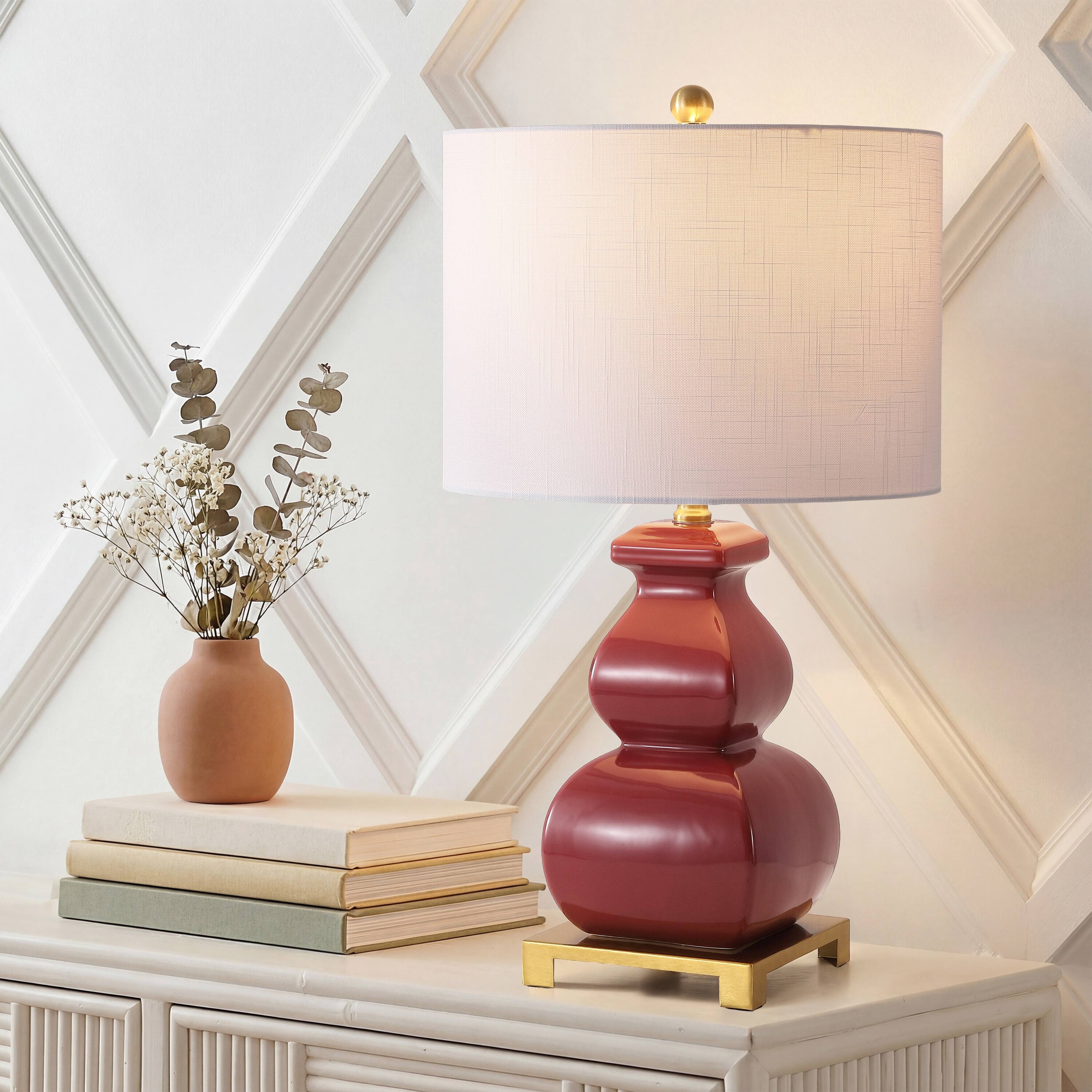 Alt View 1. Jonathan Y - Vienna 25.5" Transitional Ceramic Gourd Table Lamp, Classic Red with Brass Gold Base for Living Room - Red.