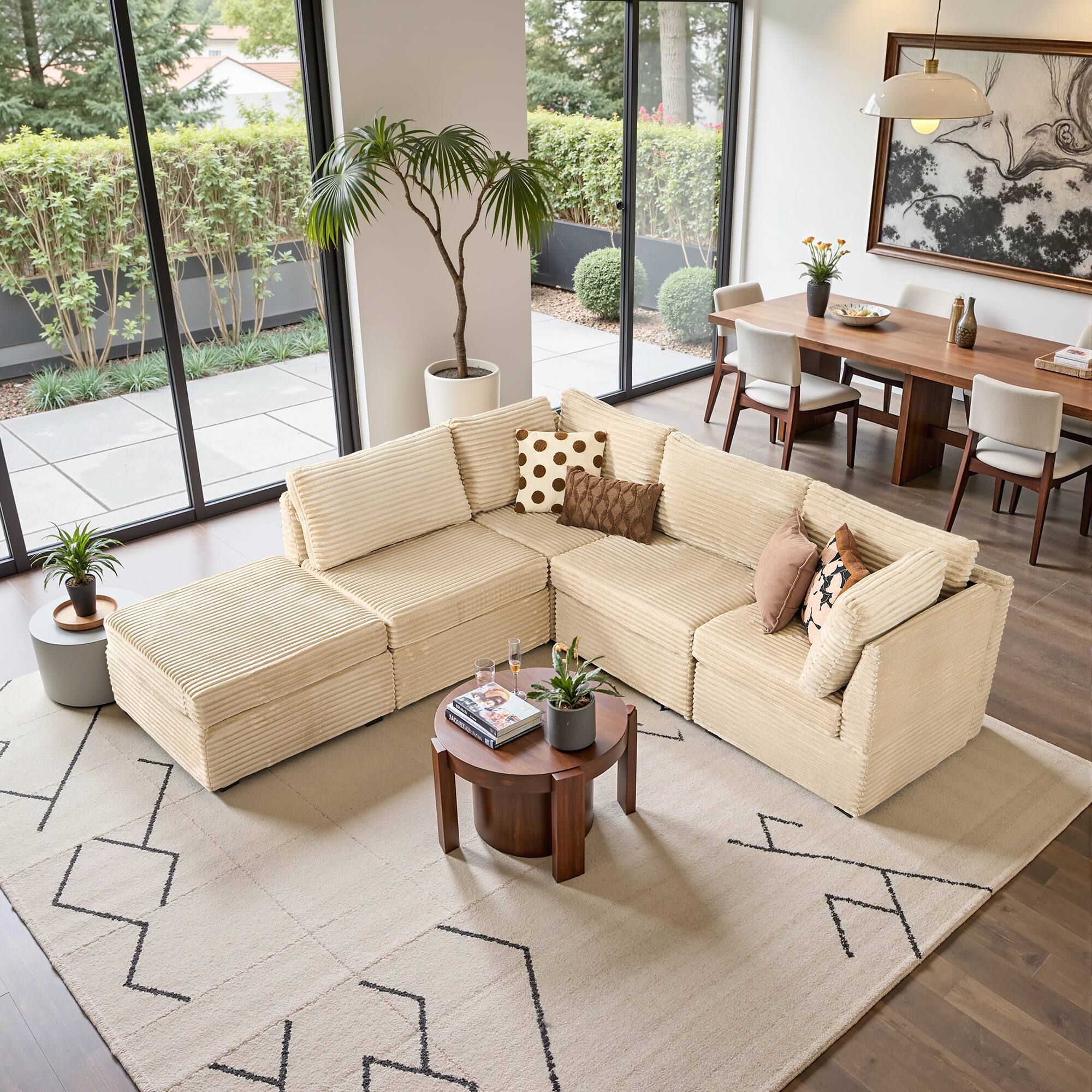 Ovios - 4 Seat Modular Sectional Sofa Plush Corduroy L-Shaped Couch with Ottoman for Living Room - Beige - Thumbnail 3