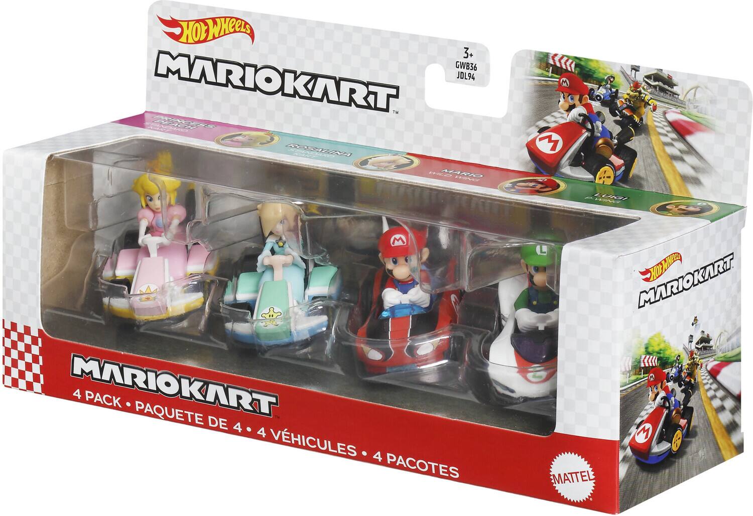Hot Wheels Mario Kart  
3+  
GWB36 JDL94  
4 Pack - Paquete de 4 - 4 Vehículos - 4 Pacotes  
Mattel