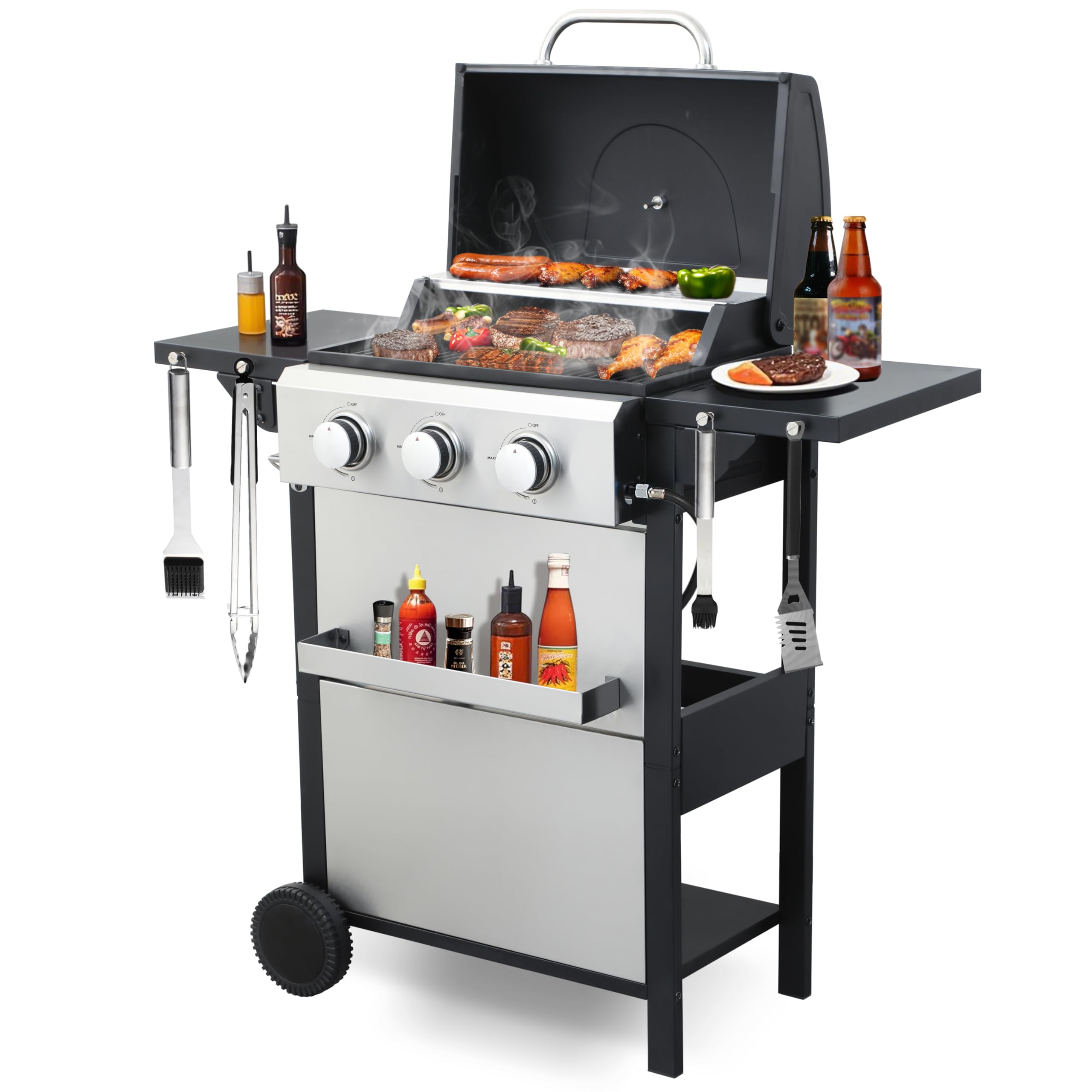 Ecooso - 3-Burner Propane Gas BBQ Grill, 25,650 BTU Output with Enamel Cooking Grids, Foldable Side Table & Stainless Steel - Black+Silver