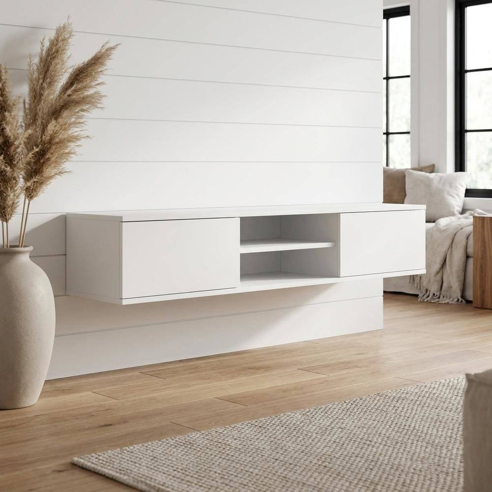 Alt View 1. FurniFact - White Floating TV Stand with Wall Mount Design and Engineered Wood Finish - White.