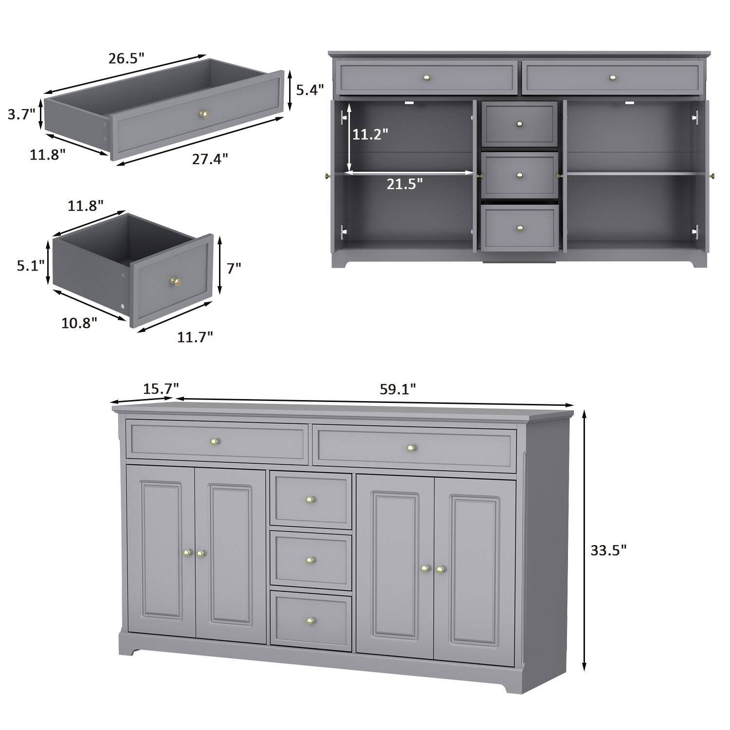 The text can be grouped as follows:

- Top left: 26.5", 5.4", 3.7", 11.8", 27.4"
- Top right: 11.2", 21.5"
- Bottom left: 5.1", 7", 10.8", 11.7"
- Bottom right: 15.7", 59.1", 33.5"