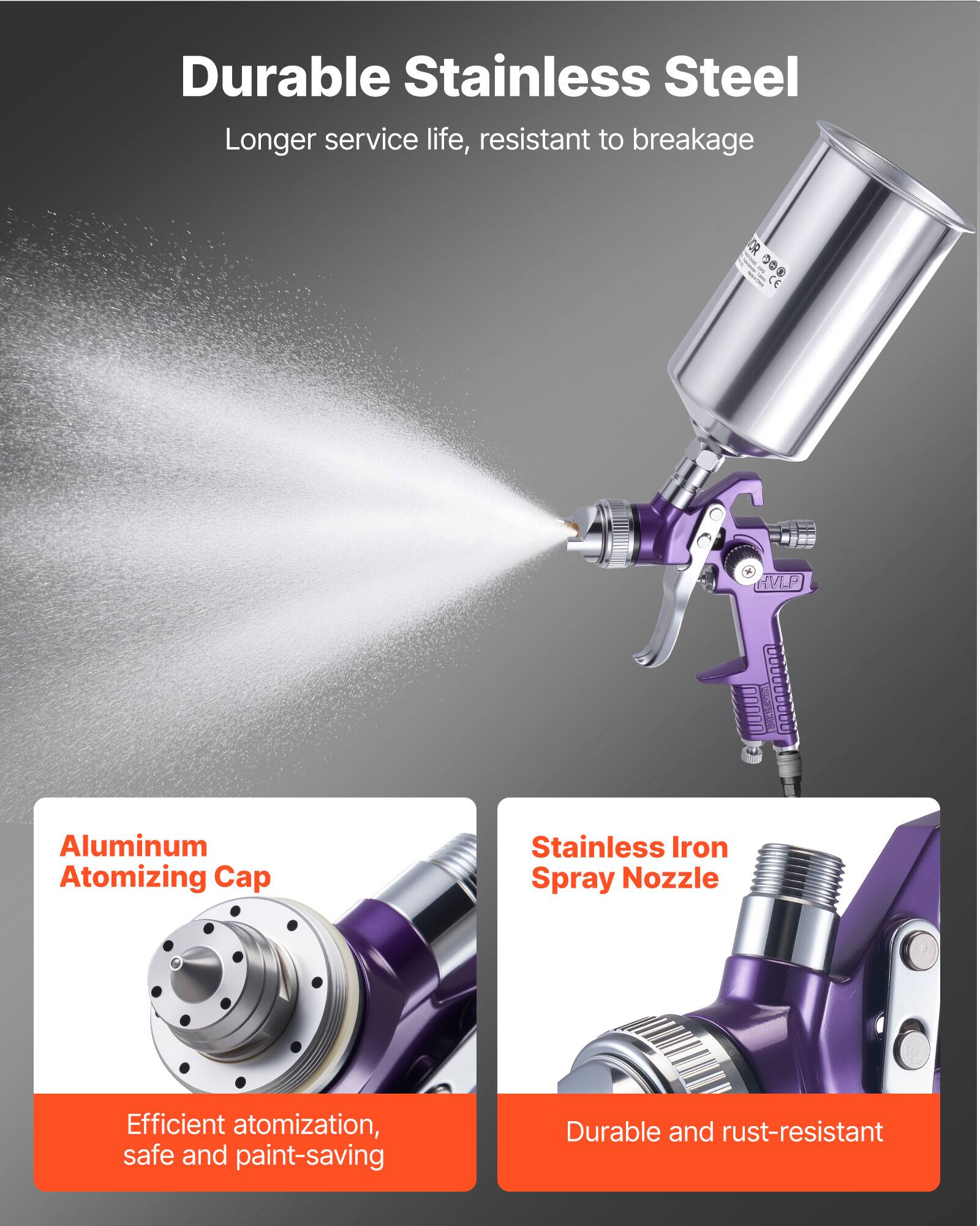 Durable Stainless Steel  
Longer service life, resistant to breakage  

Aluminum Atomizing Cap  
Efficient atomization, safe and paint-saving  

Stainless Iron Spray Nozzle  
Durable and rust-resistant