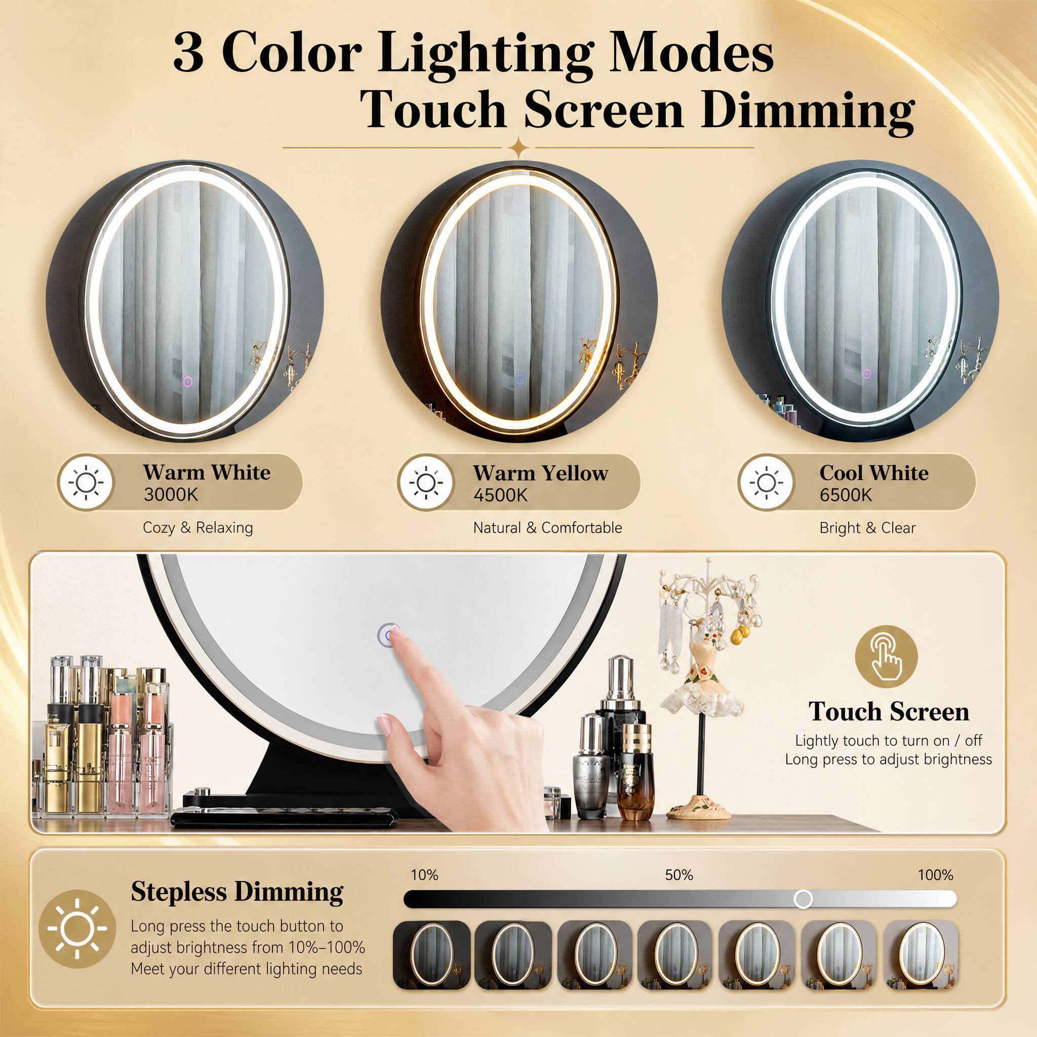 3 Color Lighting Modes Touch Screen Dimming

Warm White 3000K
Warm Yellow 4500K
Cool White 6500K

Cozy & Relaxing
Natural & Comfortable
Bright & Clear

Touch Screen
Lightly touch to turn on / off
Long press to adjust brightness

Stepless Dimming
Long press the touch button to adjust brightness from 10%-100% Meet your different lighting needs

10%
50%
100%