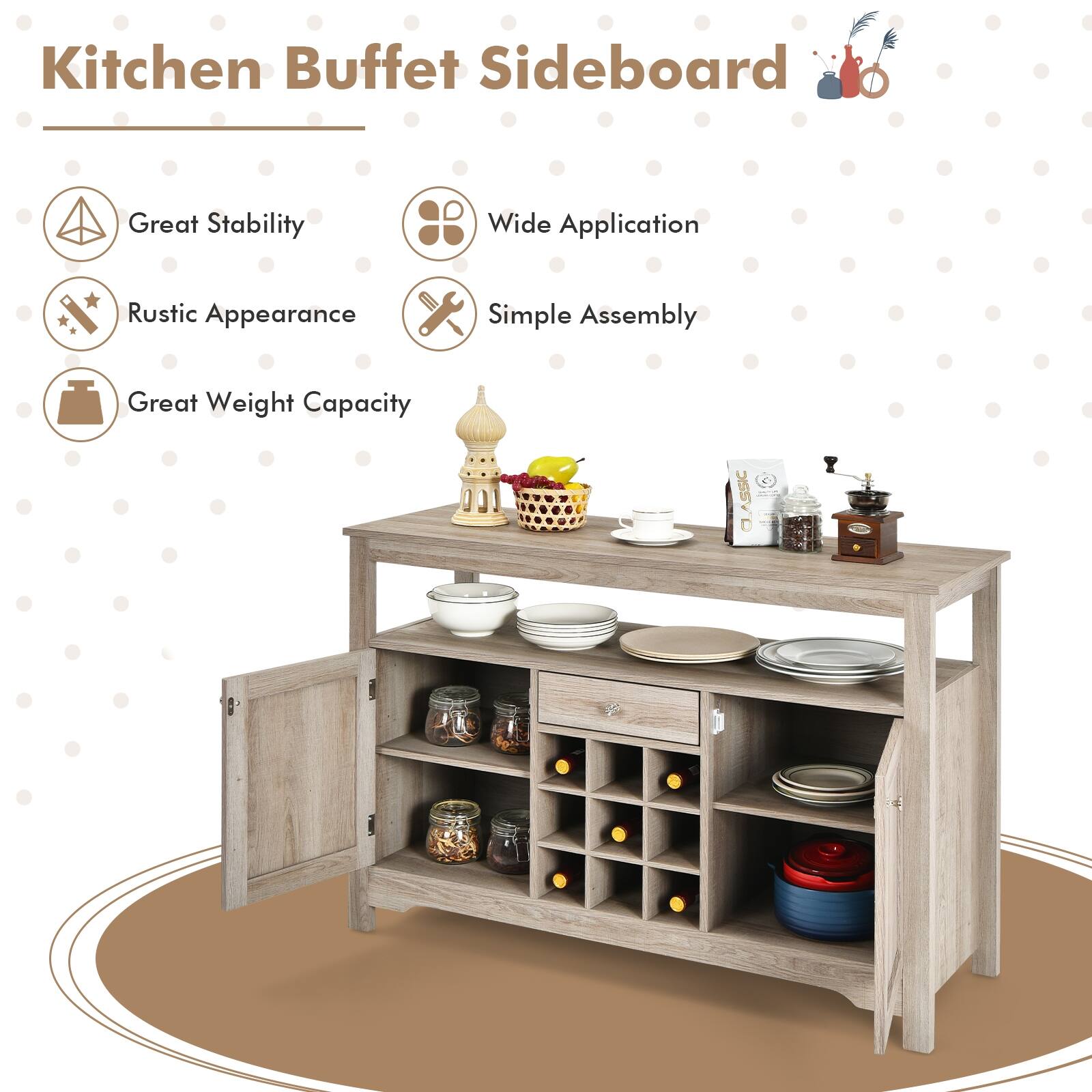 Kitchen Buffet Sideboard

- Great Stability
- Wide Application
- Rustic Appearance
- Simple Assembly
- Great Weight Capacity