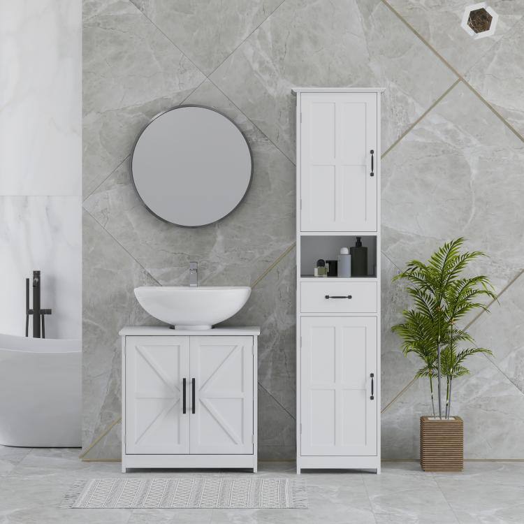 Alt View 9. PULUZ - Farmhouse Pedestal Sink Storage Cabinet, Bathroom Sink Cabinet with 2 Barn Doors and Adjustable Shelf - White.