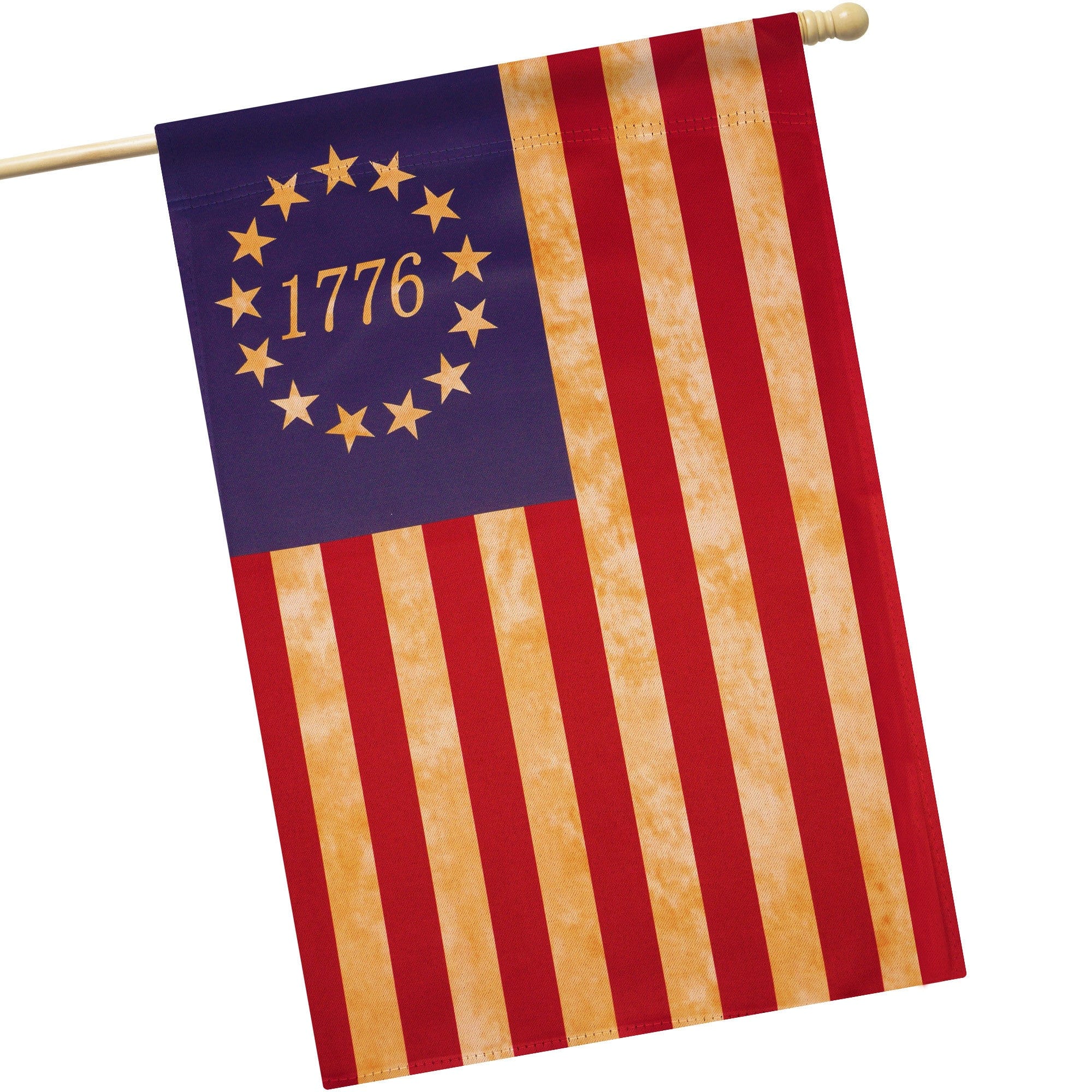 Front. G128 - Betsy Ross 1776 Tea-Stained House Flag, 28 x 40 in Double-Sided Fabric - Red, Blue, Yellow.