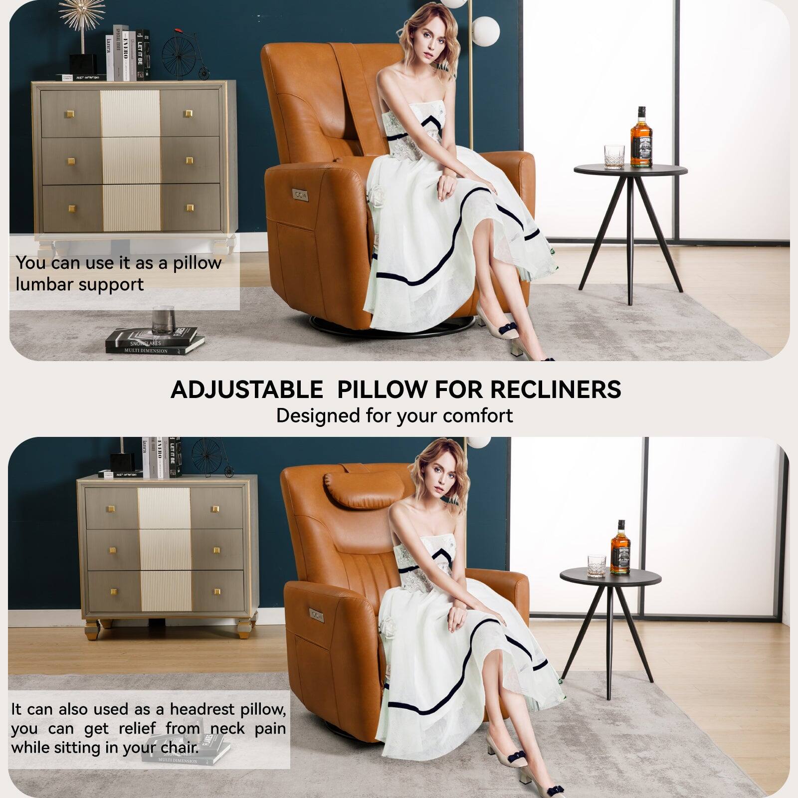 SCR: You can use it as a pillow lumbar support
JES: It can also used as a headrest pillow, you can get relief from neck pain while sitting in your chair.

ADJUSTABLE PILLOW FOR RECLINERS
Designed for your comfort