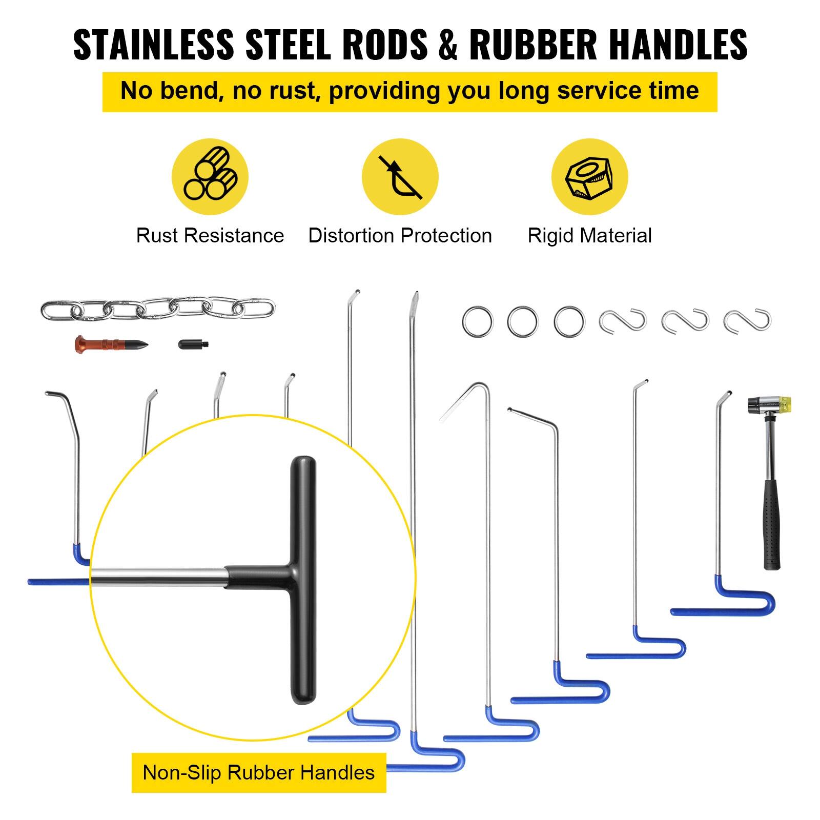 STAINLESS STEEL RODS & RUBBER HANDLES  
No bend, no rust, providing you long service time  

- Rust Resistance  
- Distortion Protection  
- Rigid Material  
- Non-Slip Rubber Handles
