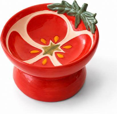 Front. PawsPik - PawsPik Tomato Elevated Angled Ceramic Cat Bowl, Red, 8-oz - Red.