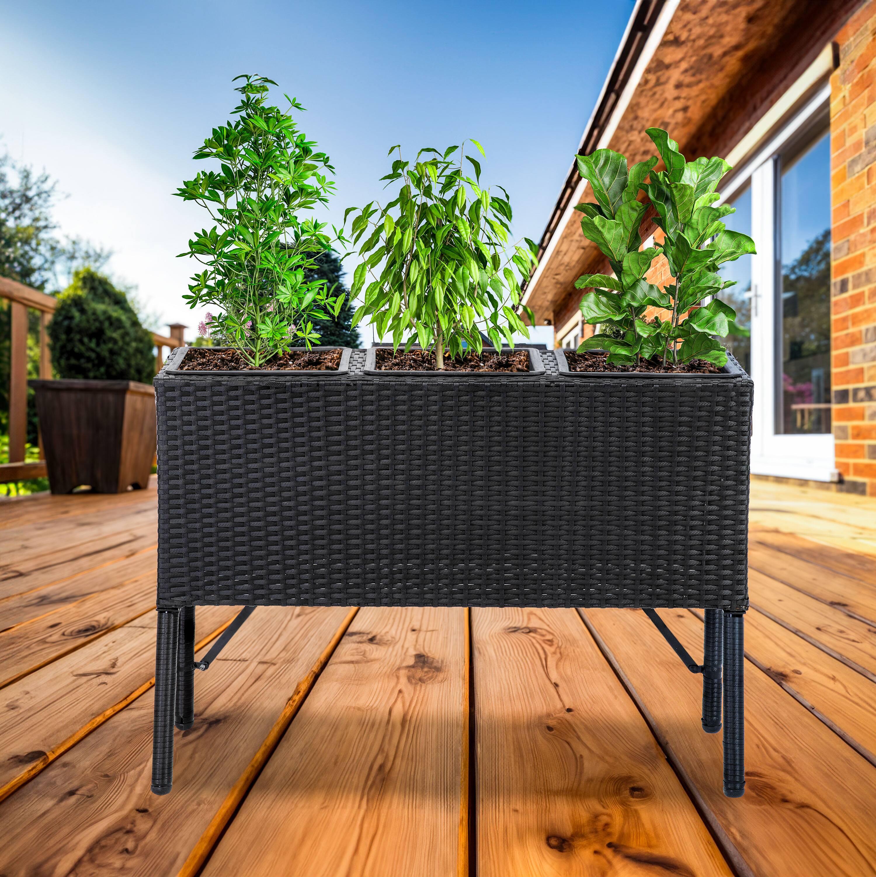 Alt View 8. Sunnydaze - 3-Section Wicker Raised Planter - Black.