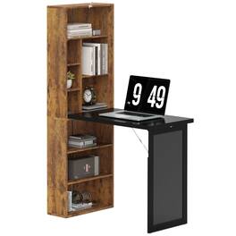 HOM - HOMCOM Foldable Convertible Writing Table, Wall Mounted Space-Saving Computer Desk with Chalkboard and Storage Shelves - Brown