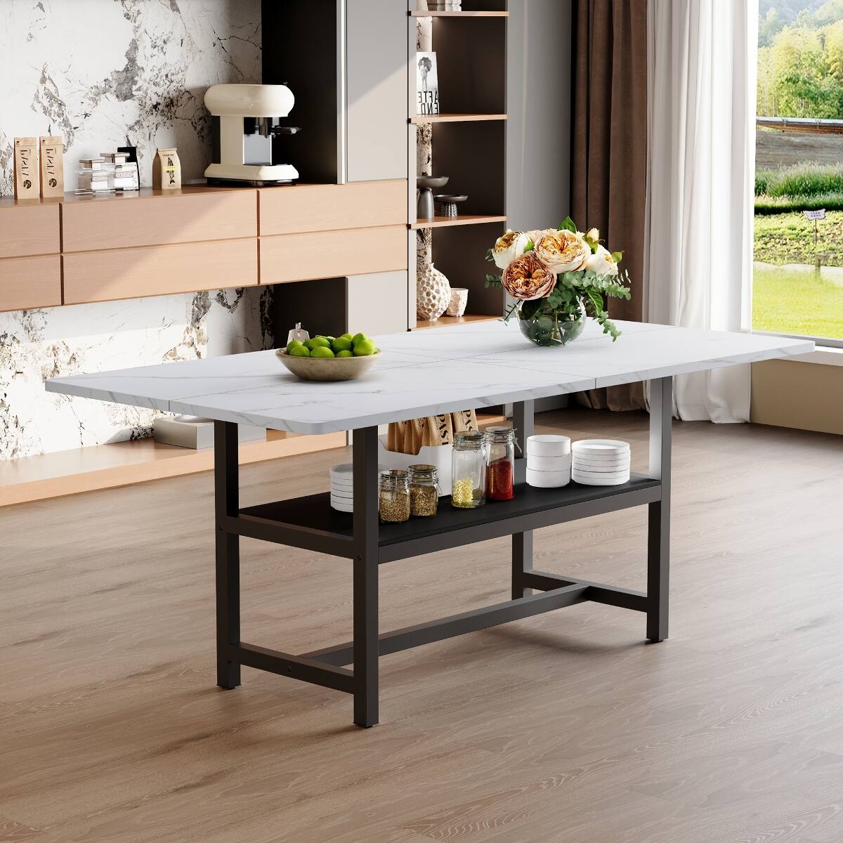 Loheer White MDF Dining Table With Storage Platform, 71 x 35.4 in White ...