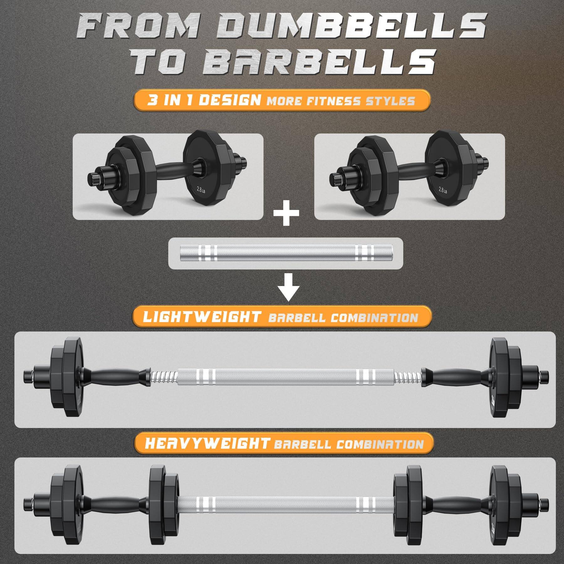 FROM DUMBBELLS TO BARBELLS  
3 IN 1 DESIGN MORE FITNESS STYLES  

LIGHTWEIGHT BARBELL COMBINATION  

HEAVYWEIGHT BARBELL COMBINATION