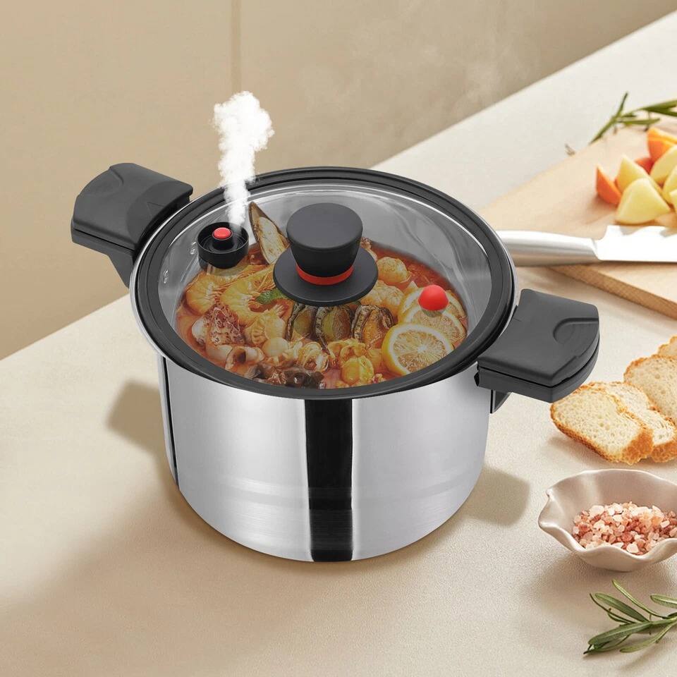 Back. Home Collection - 201 Stainless Steel 7.4Qt Pressure Cooker Pot with Glass Lid, 60Kpa Micro Pressure, Induction Compatible - White.