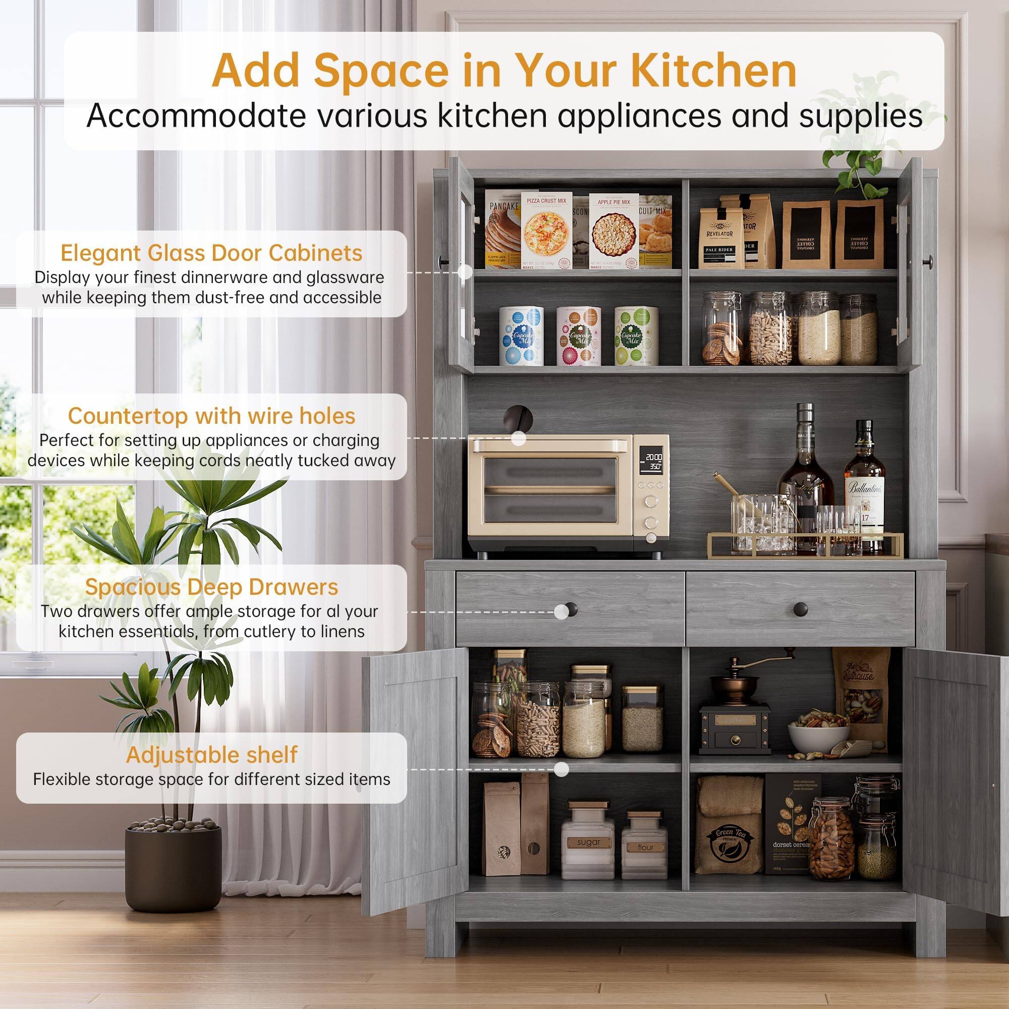 Add Space in Your Kitchen  
Accommodate various kitchen appliances and supplies

- Elegant Glass Door Cabinets  
  Display your finest dinnerware and glassware while keeping them dust-free and accessible

- Countertop with wire holes  
  Perfect for setting up appliances or charging devices while keeping cords neatly tucked away

- Spacious Deep Drawers  
  Two drawers offer ample storage for all your kitchen essentials, from cutlery to linens

- Adjustable shelf  
  Flexible storage space for different sized items