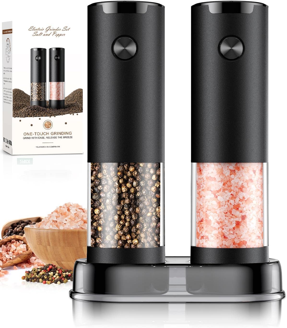 Core Tech - Electric Salt and Pepper Grinder Set with Adjustable Coarseness, LED Light, Battery Operated 2-Pack - Black