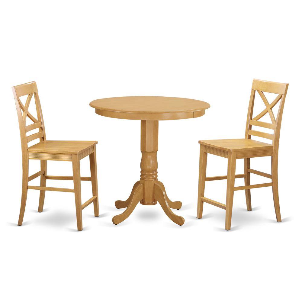 Front. East West Furniture - 3 Pc counter height Dining room set - high Table and 2 counter height stool. - Oak.